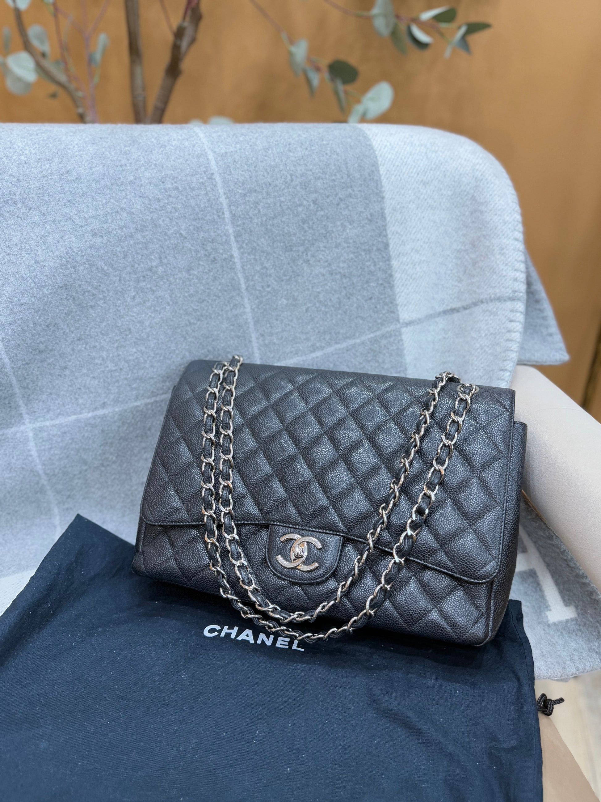 LIKE NEW Chanel Black Caviar Classic Double Flap Maxi Bag