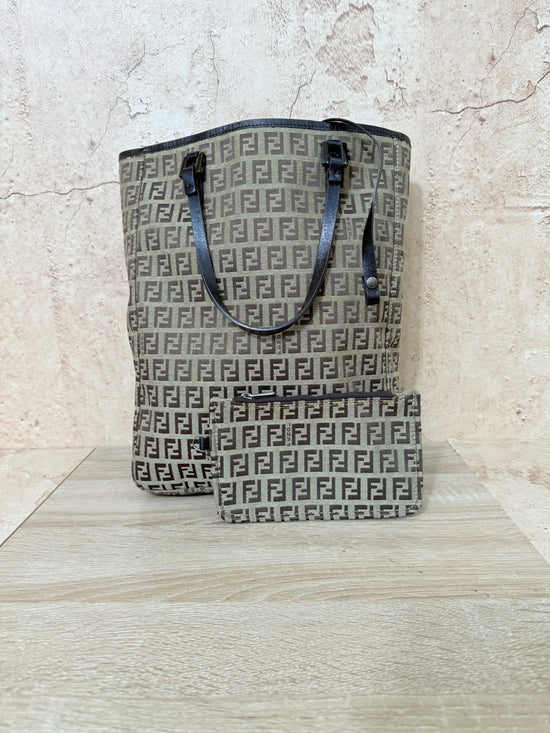 Fendi Brown Zucchino Zucca Pattern Canvas & Leather Tote Bag With Pouch