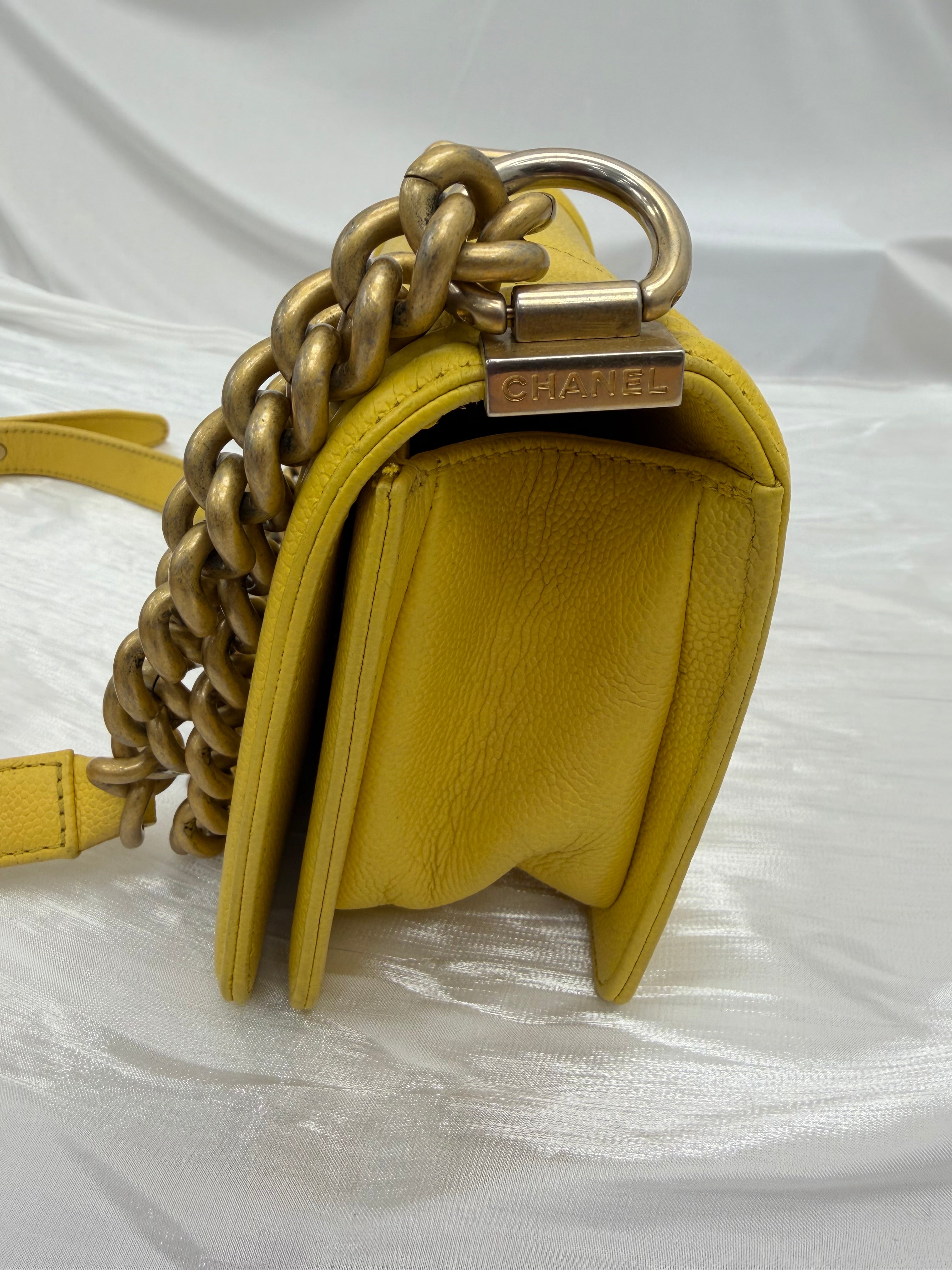 Chanel Yellow Chevron Caviar Leather Small Boy Flap Bag