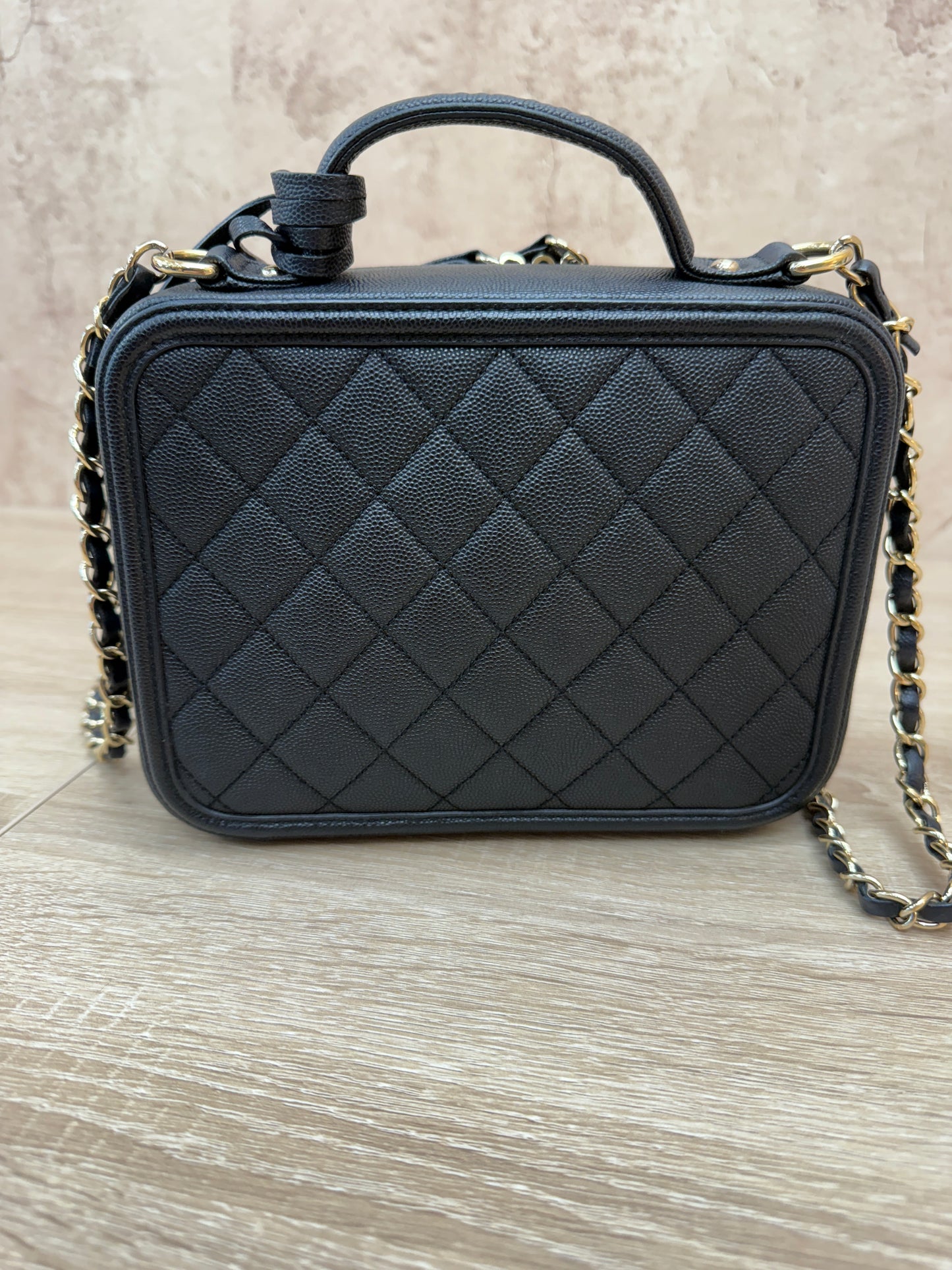 Chanel Black Caviar Quilted Medium CC Filigree Vanity Case