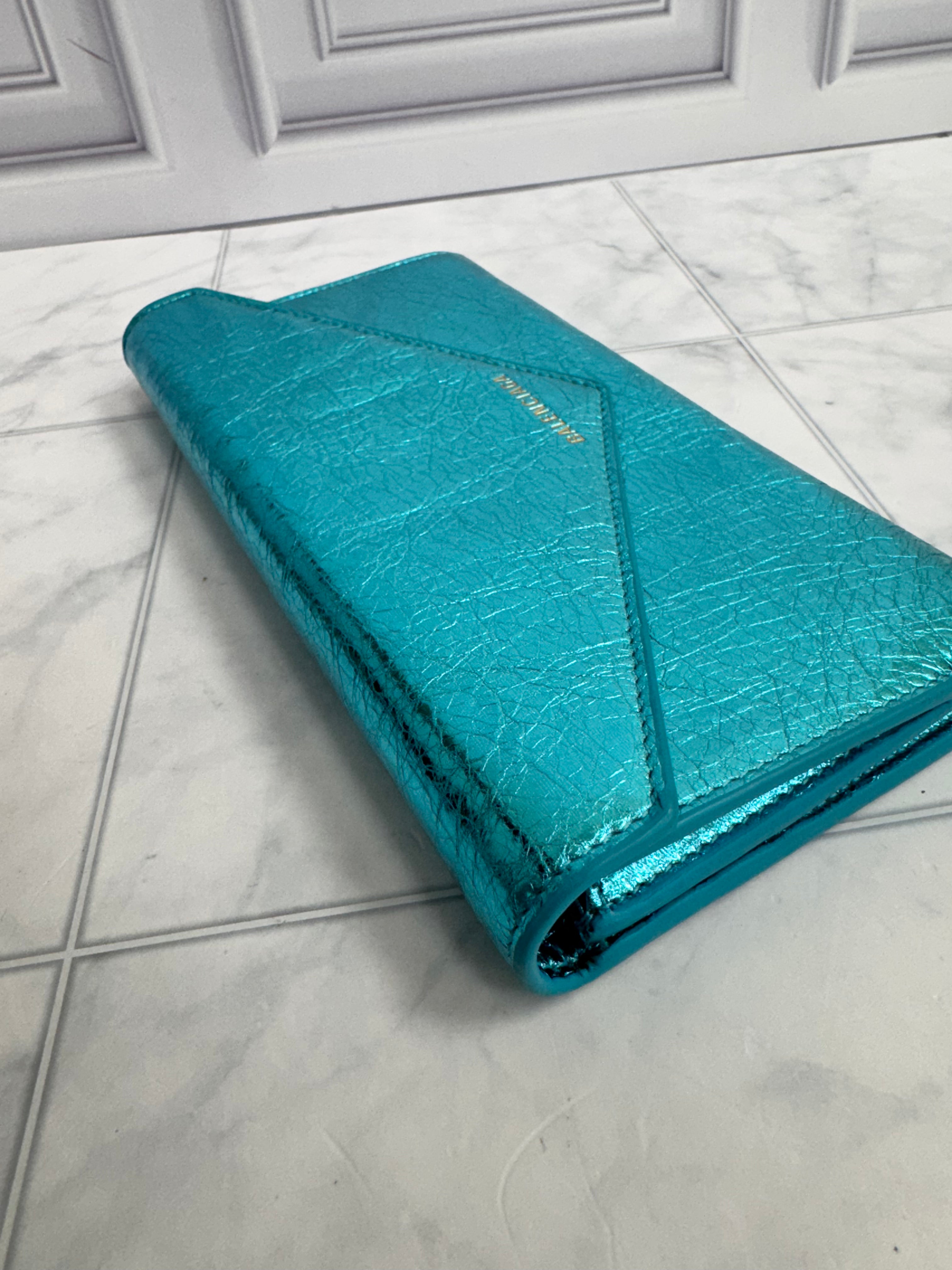 Balenciaga Metallic Turquoise Grained Leather Papier Long Wallet
