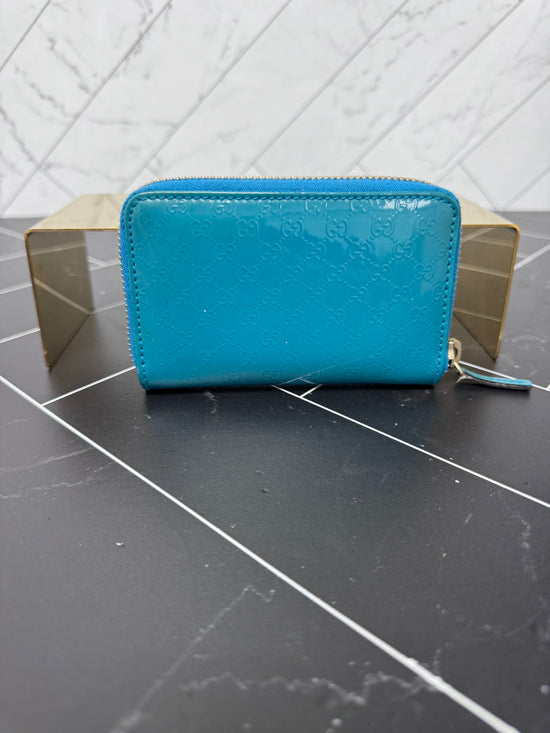 Gucci Teal Patent Leather Guccisima Compact Zippy Wallet