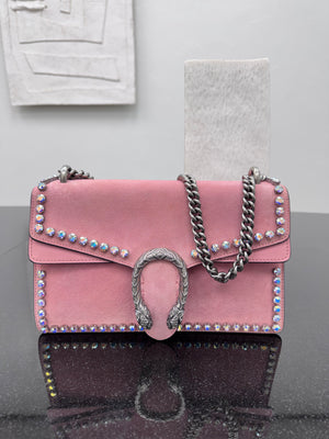 Gucci Pink Suede Crystal Dionysus Small Chain Shoulder Bag