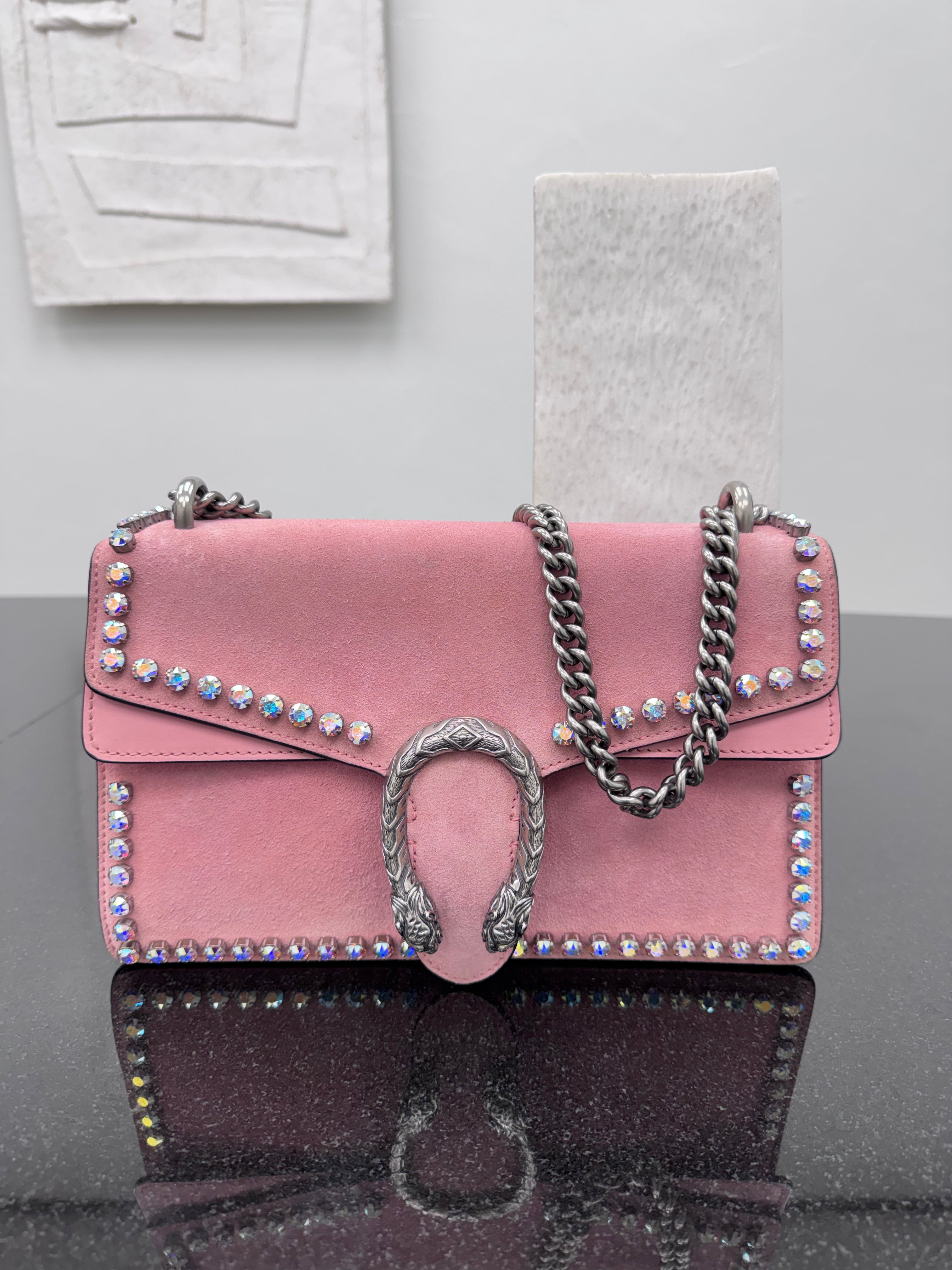 Gucci Pink Suede Crystal Dionysus Small Chain Shoulder Bag