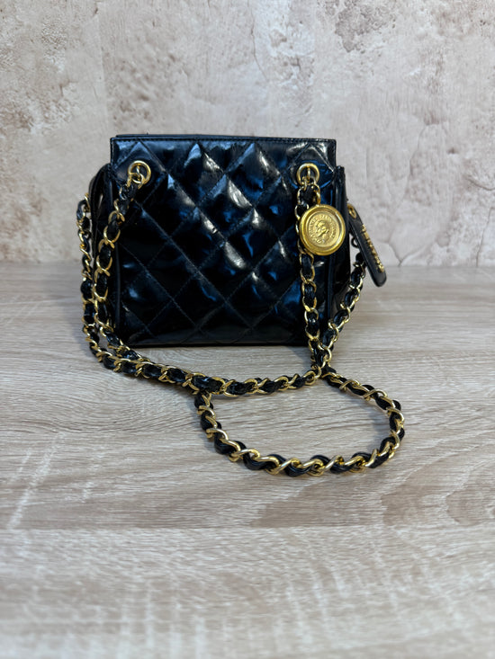 Vintage Chanel Black Quilted Patent Leather Shoulder Bag