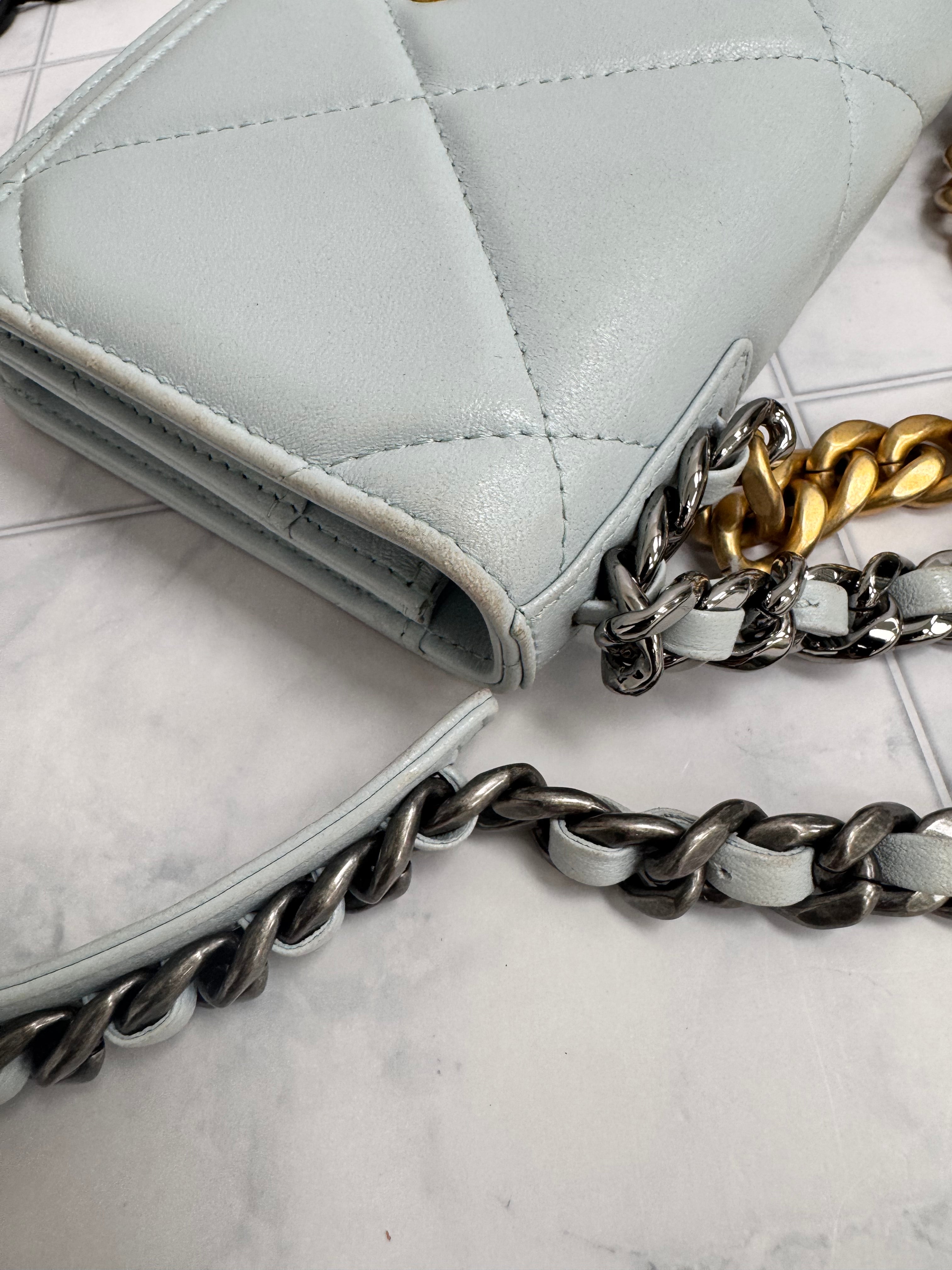 *DONS DROP* Chanel Light Blue Lambskin Quilted Leather Chanel 19 Wallet On A Chain