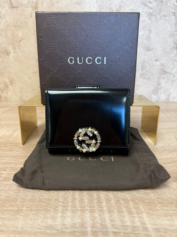 Gucci Black Patent Leather Swarovski Crystal Compact Wallet