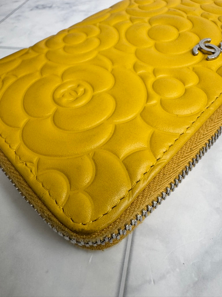 Chanel Yellow Embossed Camellia Flower Leather Zippy Wallet