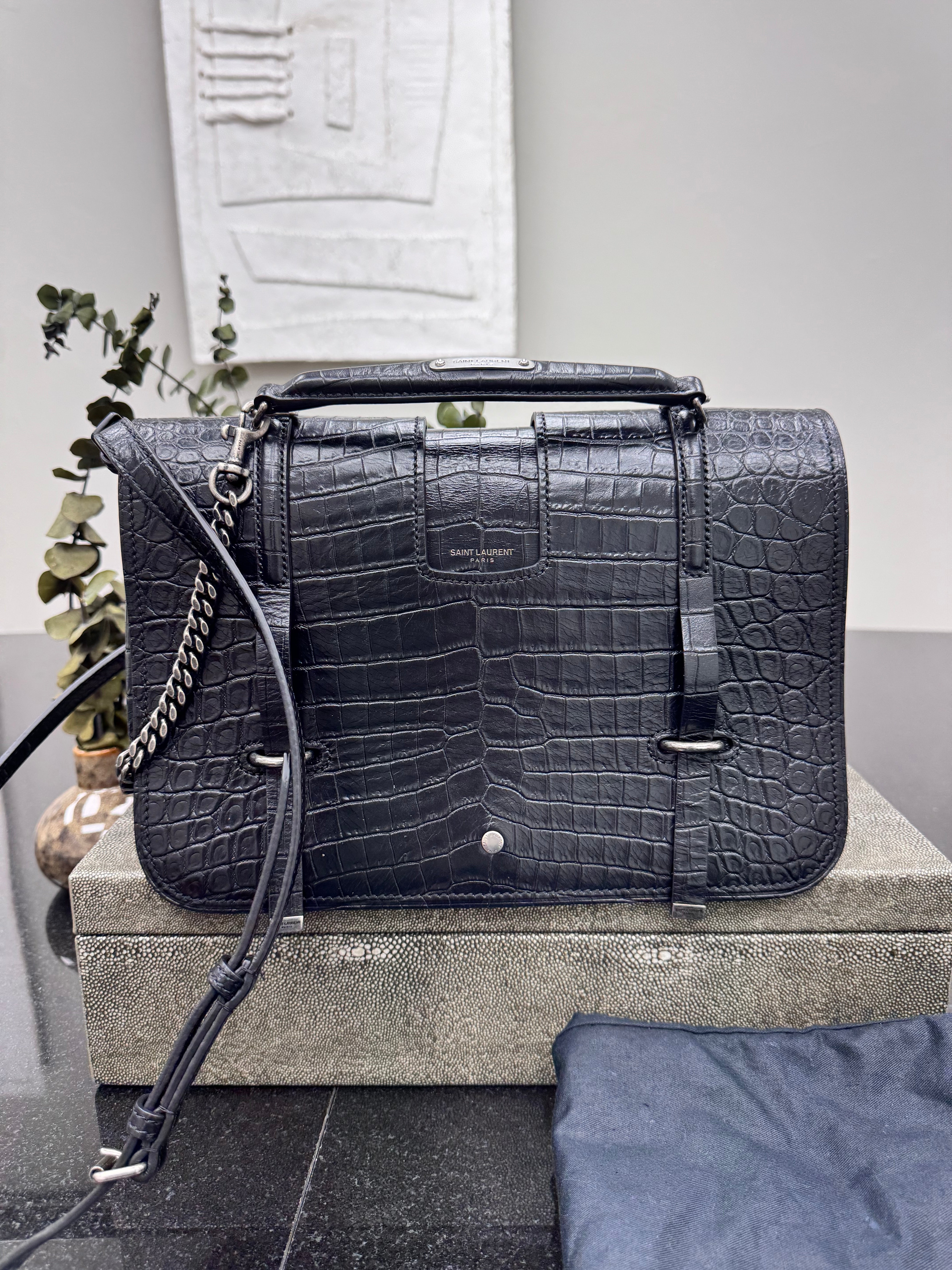 Saint Laurent YSL Black Croc Embossed Leather Charlotte Messenger Bag