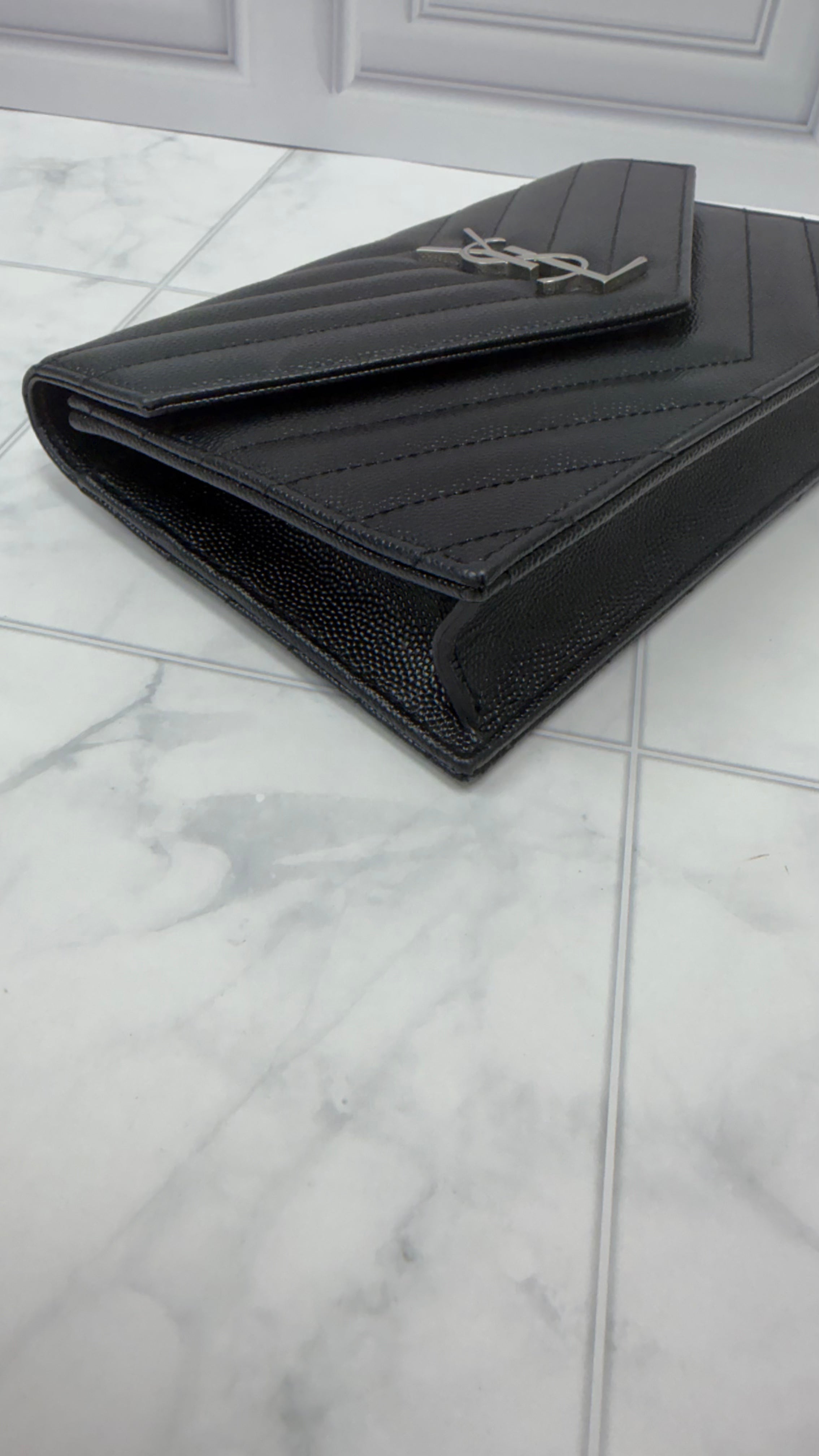 *DON DROP* Saint Laurent YSL Black Pebbled Leather Cassandre Envelope Wallet on a Chain
