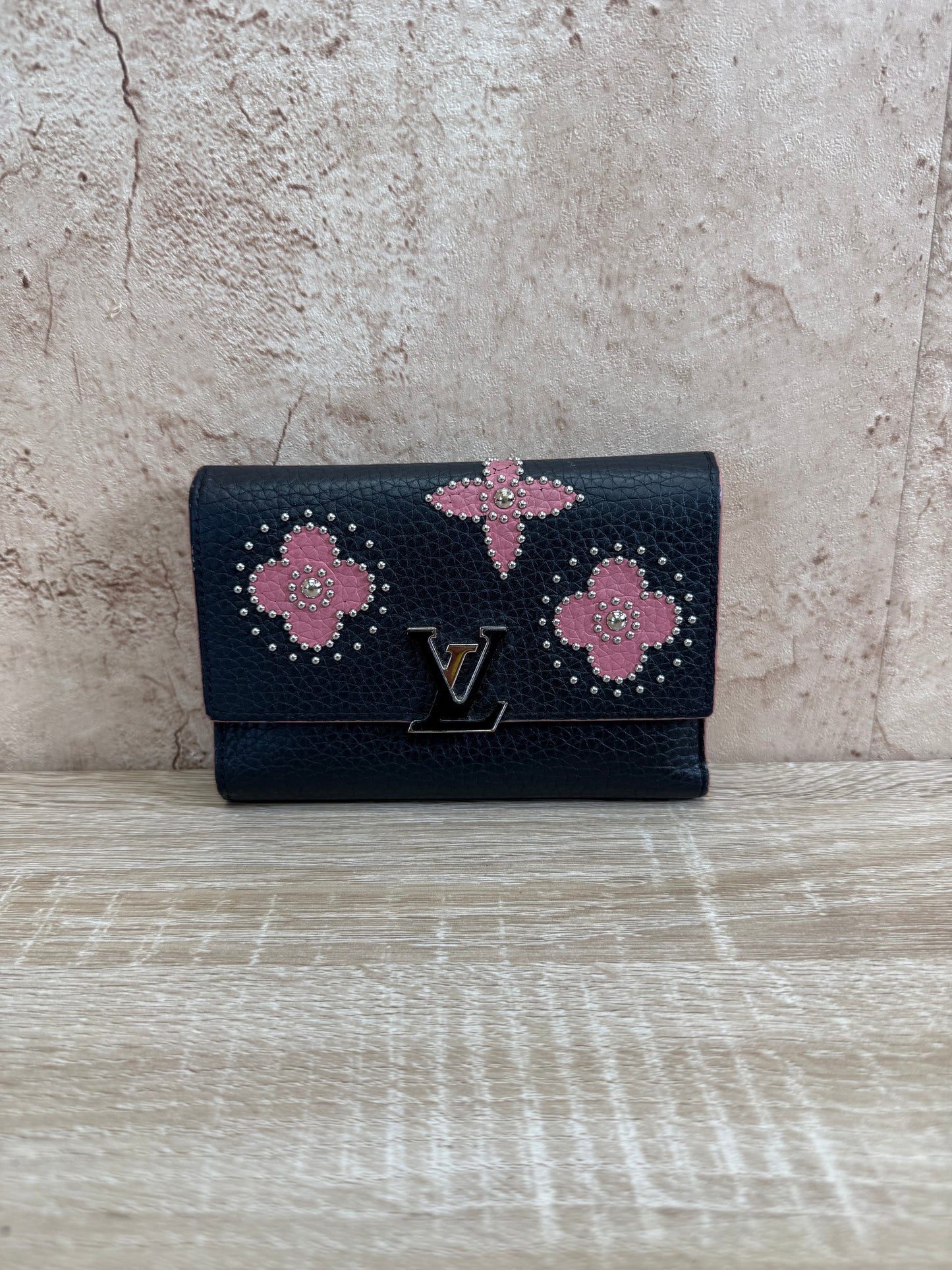 Louis Vuitton Black Leather Capucines Floral Compact Wallet