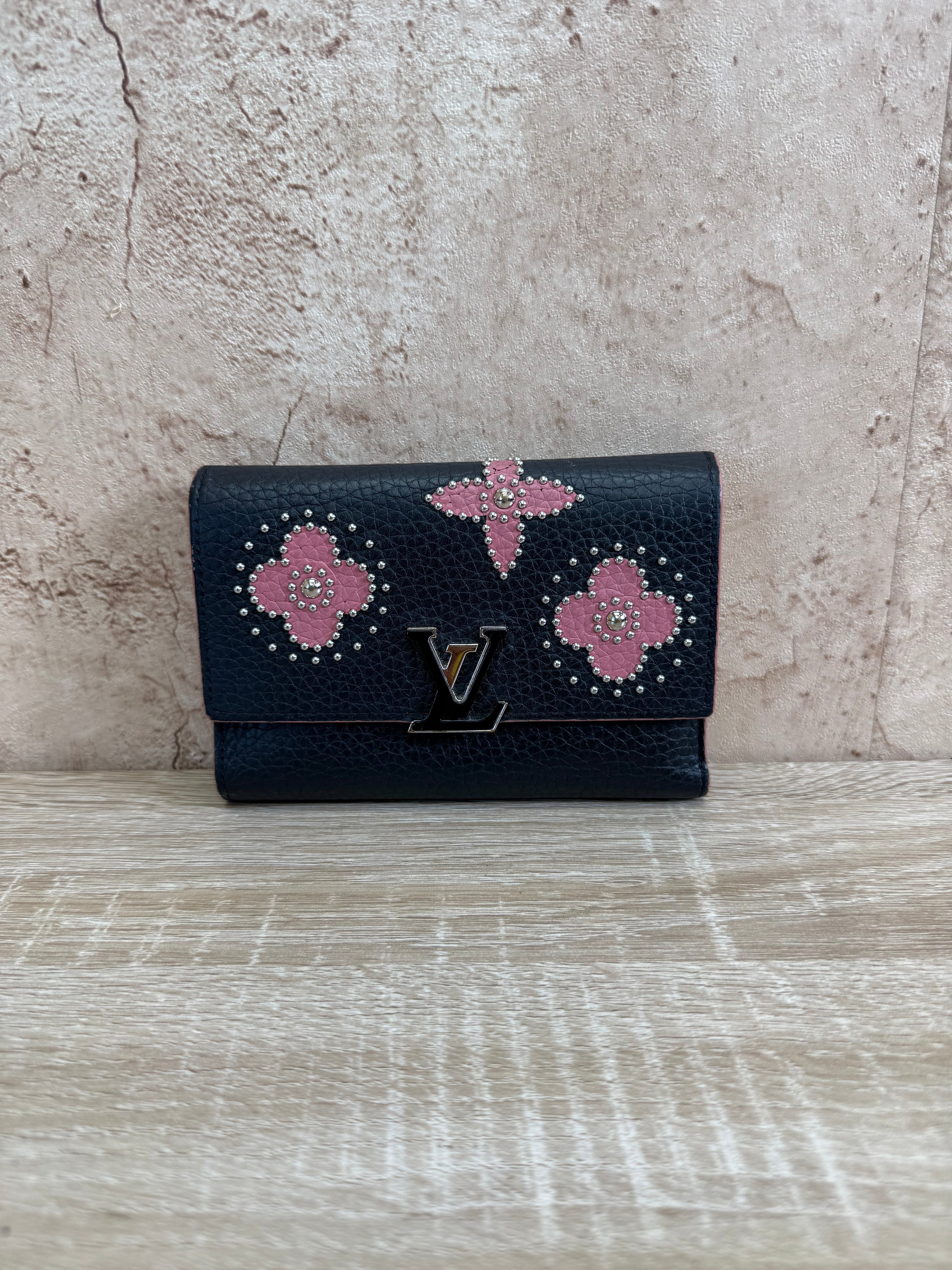 Louis Vuitton Black Leather Capucines Floral Compact Wallet