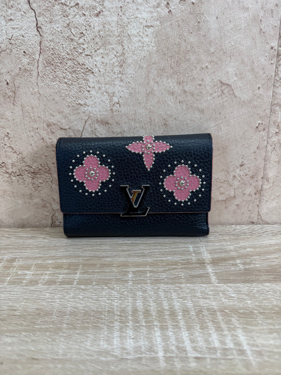 Louis Vuitton Black Leather Capucines Floral Compact Wallet