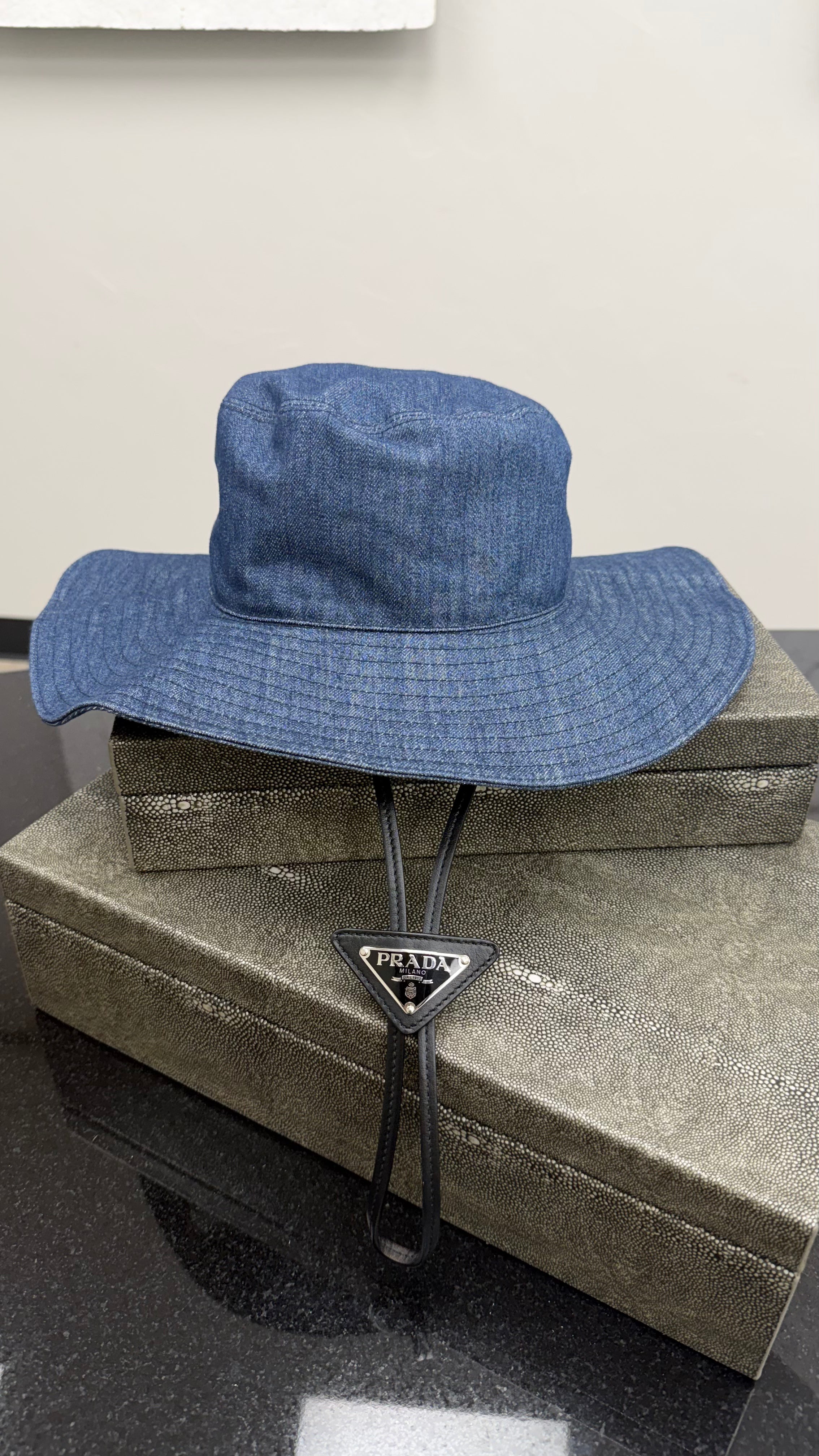 Prada Dark Denim Wide Brim Bucket Hat