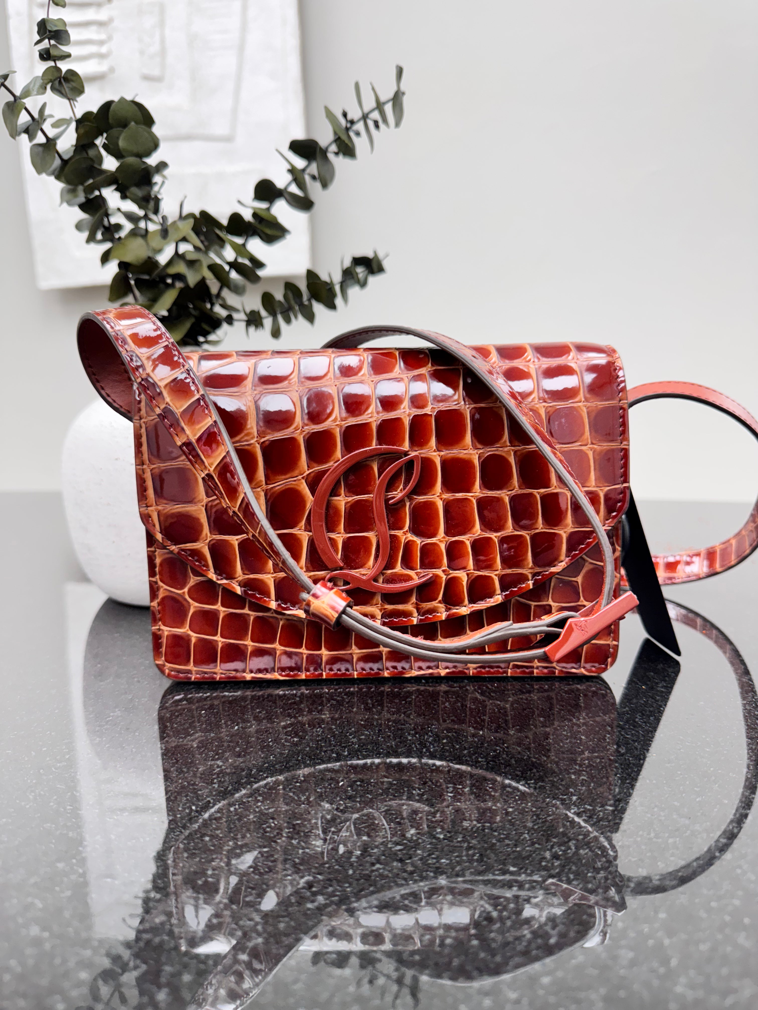 LIKE NEW - Christian Louboutin Brown Croc Embossed Leather Loubi54 Small Crossbody Bag