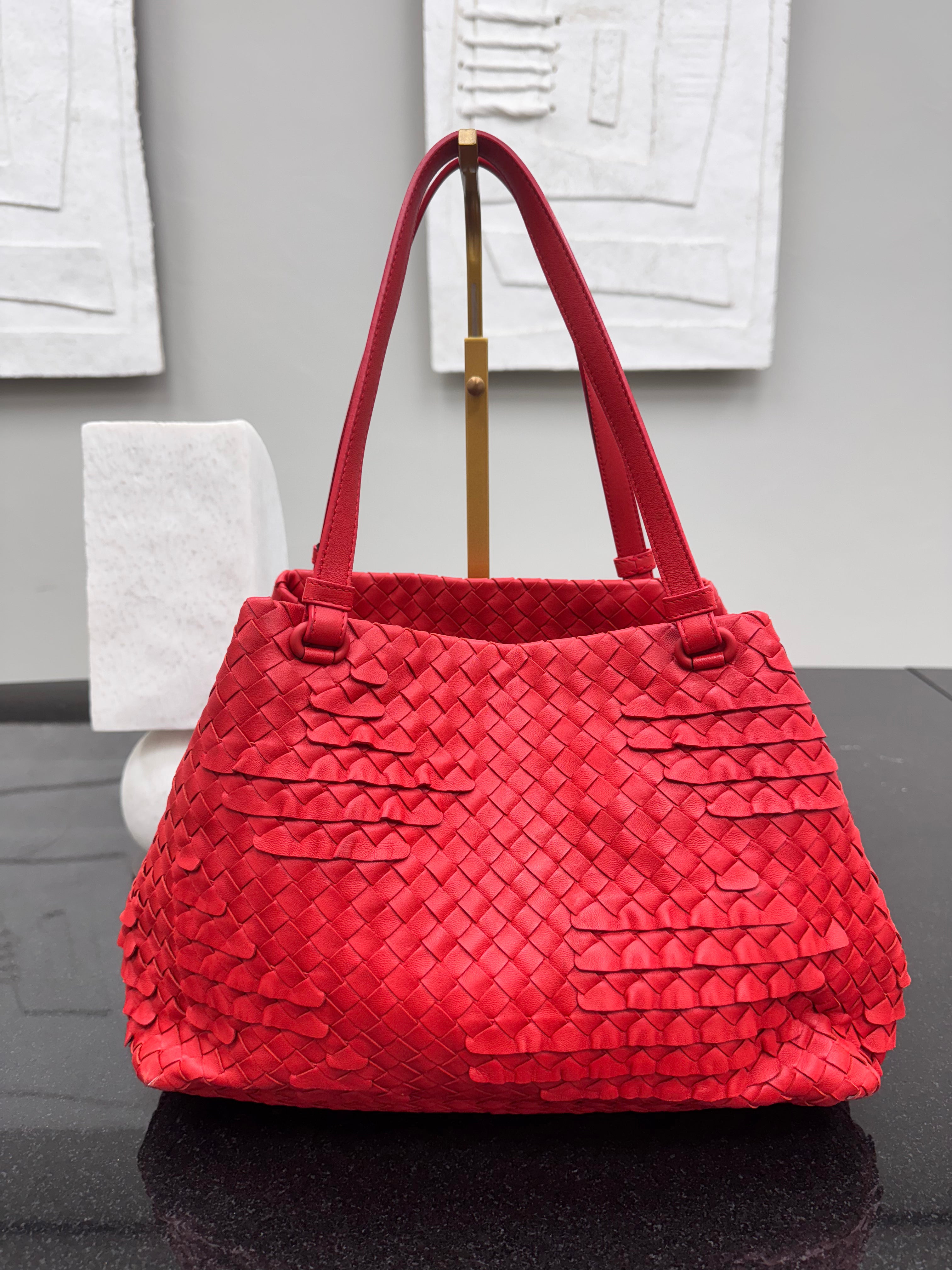 Bottega Veneta Red Intrecciato Leather Ruffle Tote