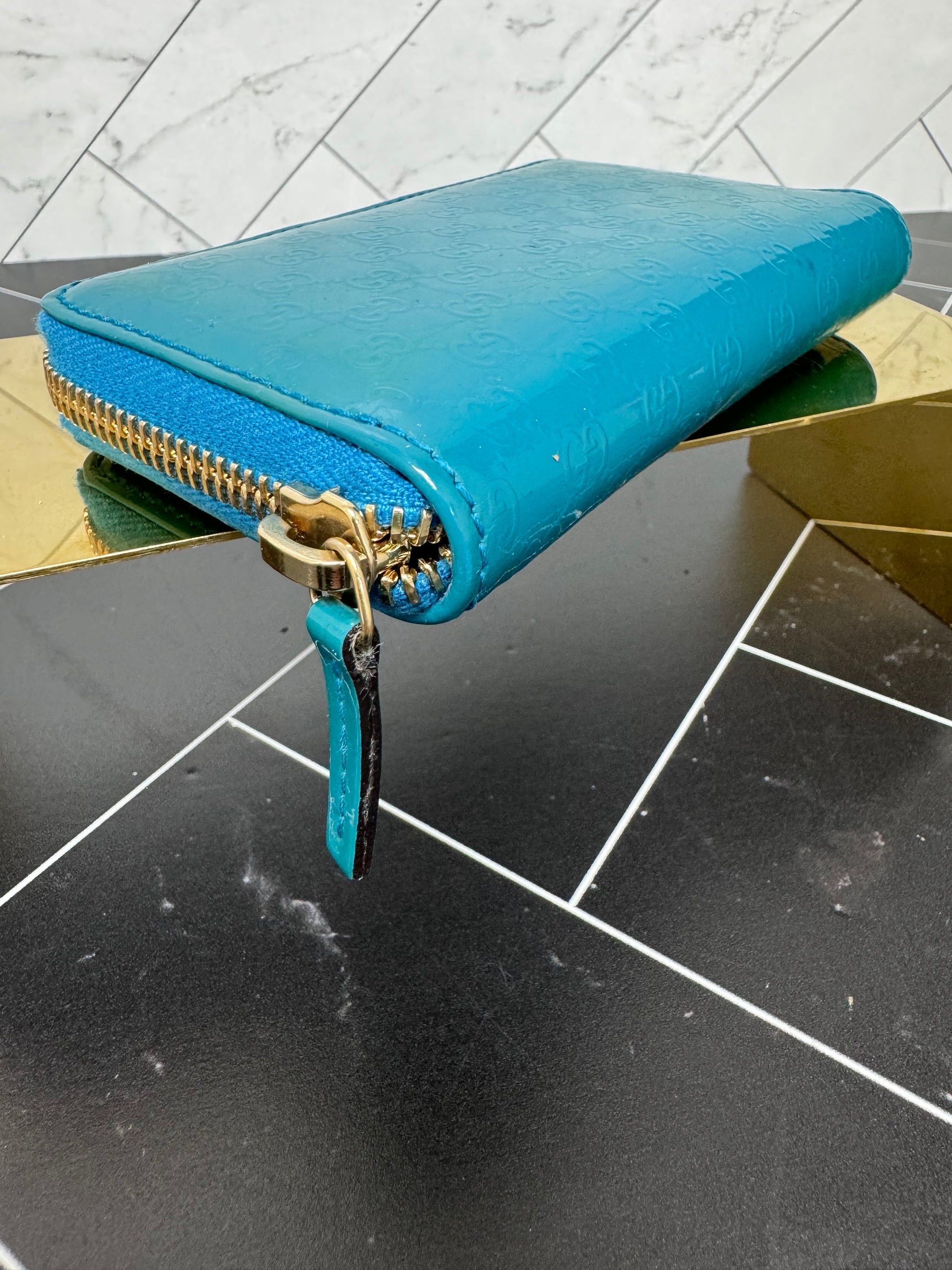 Gucci Teal Patent Leather Guccisima Compact Zippy Wallet