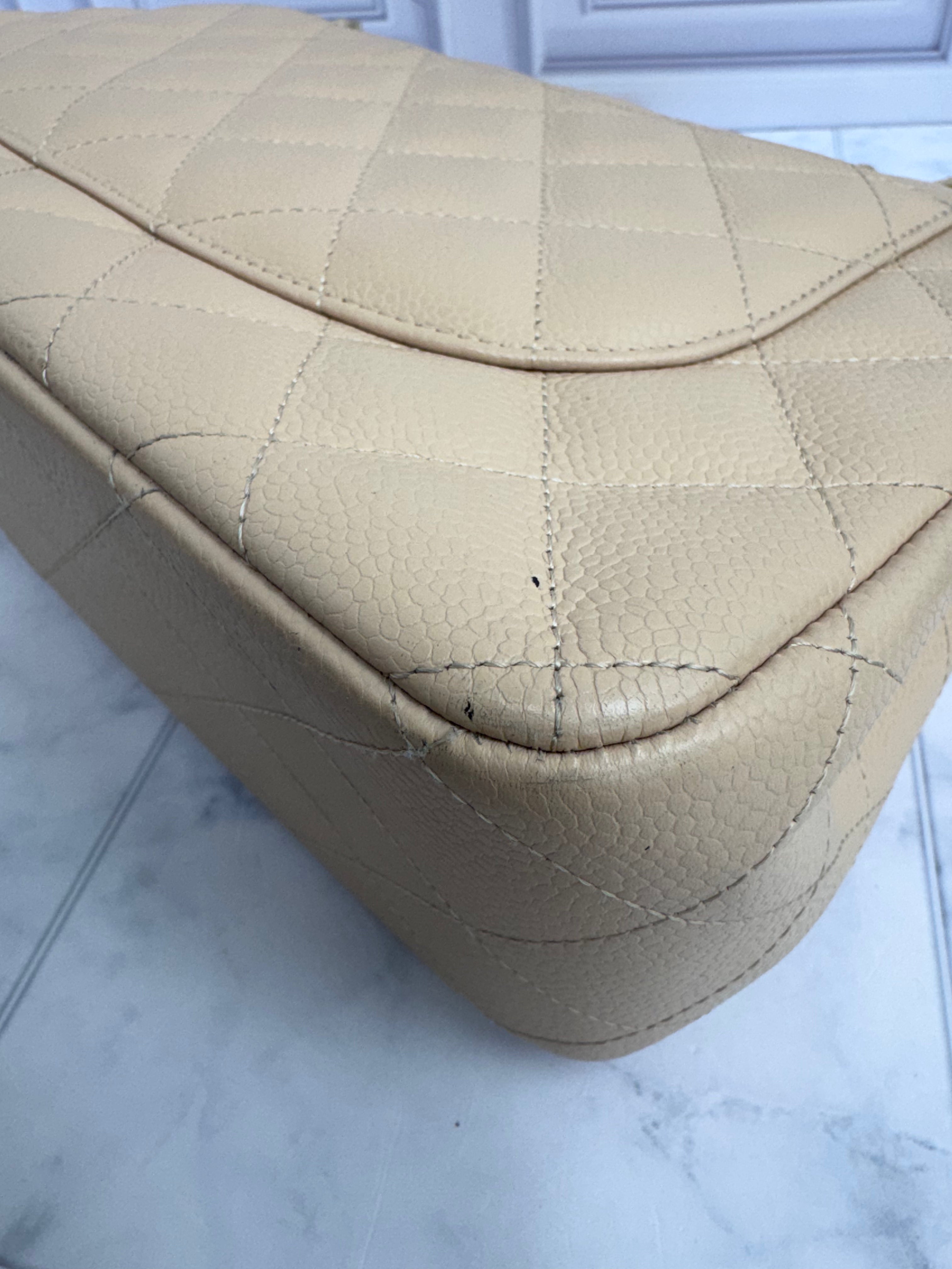 Chanel Beige Quilted Caviar Leather Jumbo Double Flap Bag