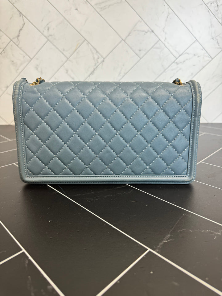 Chanel Blue Lambskin Quilted Horizontal Studded Boy Brick Flap