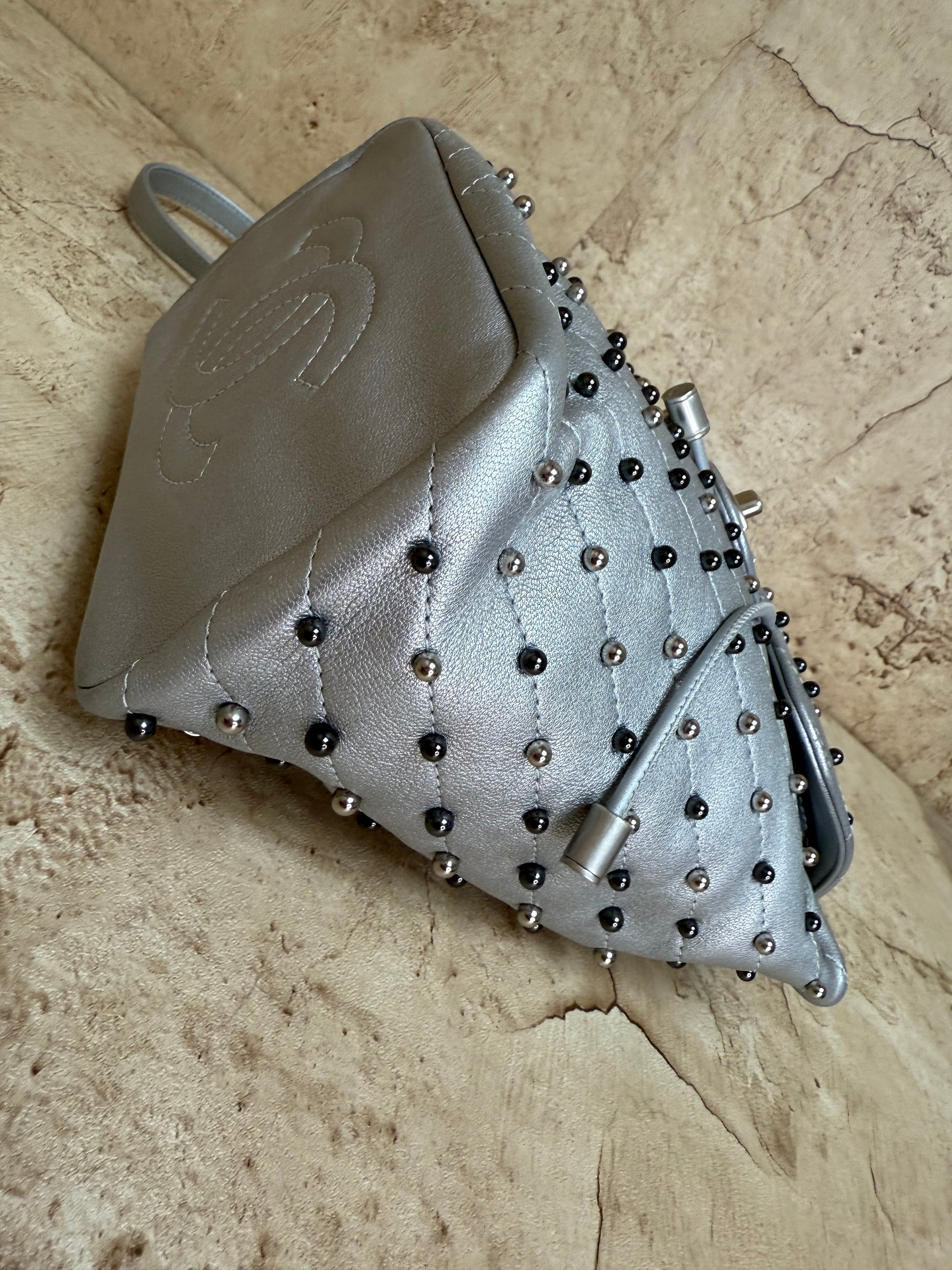 Chanel Silver Metallic Chevron Studded Backpack