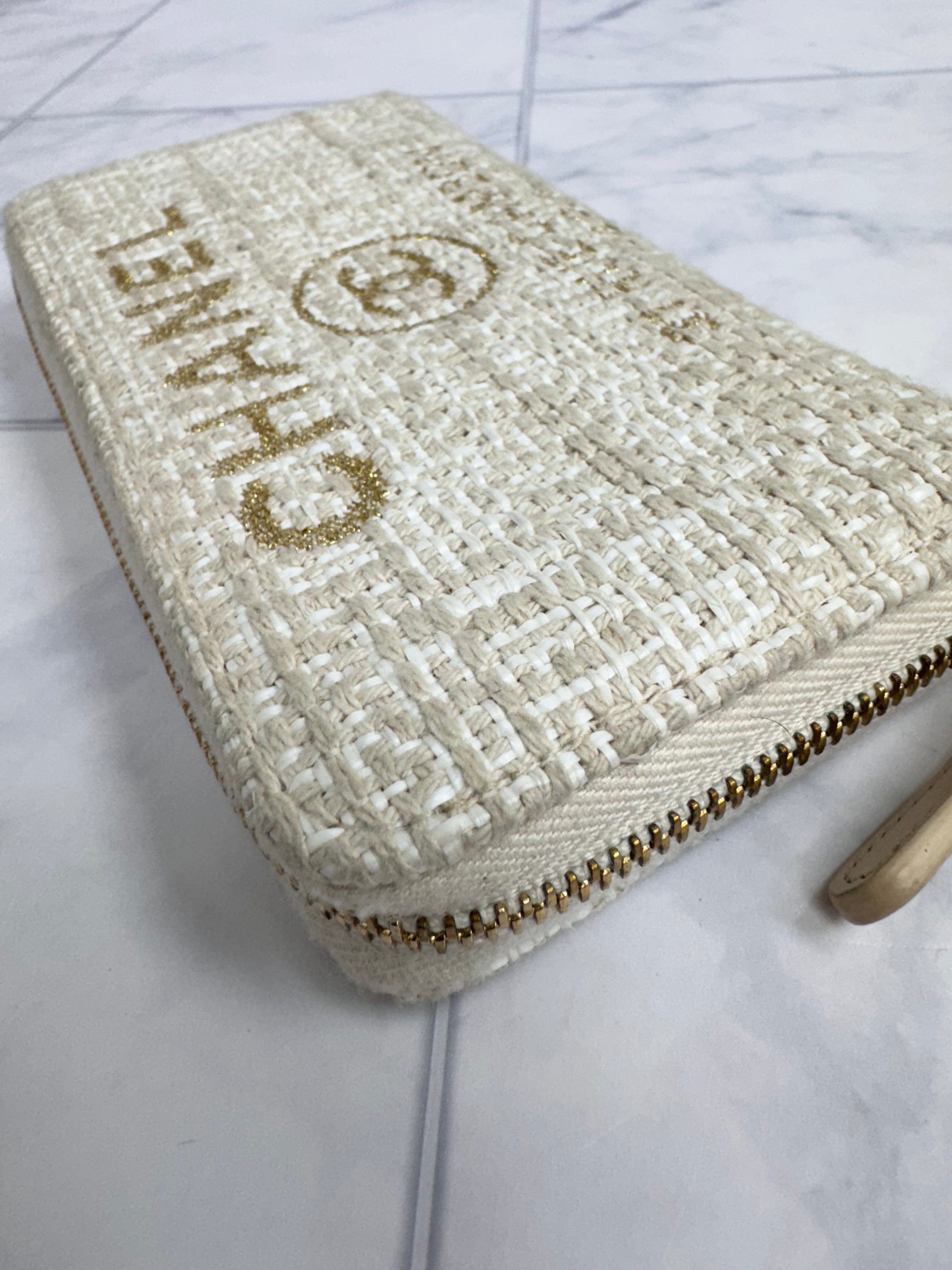 Chanel Beige Tweed Deauville Compact Zippy Wallet