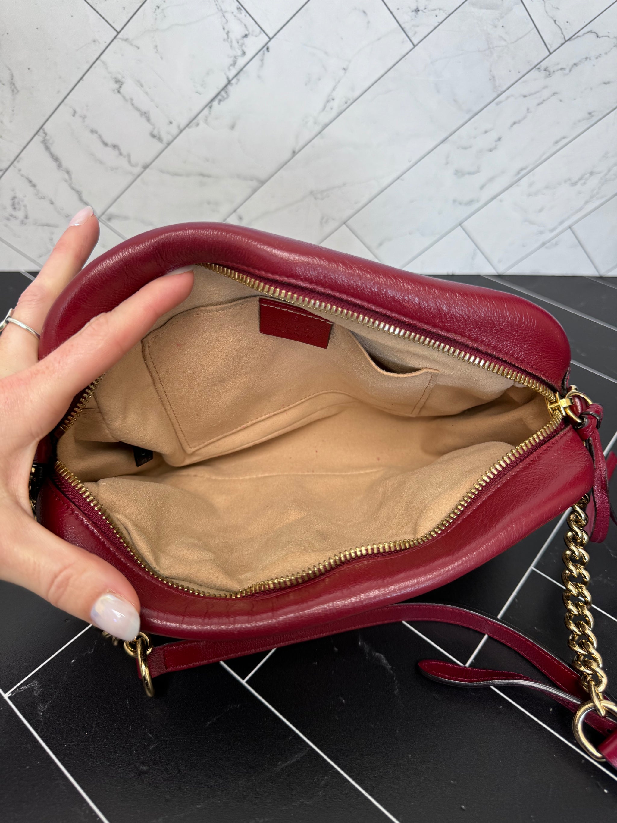 Gucci Tan Canvas & Red Leather Small Marmont Crossbody Bag