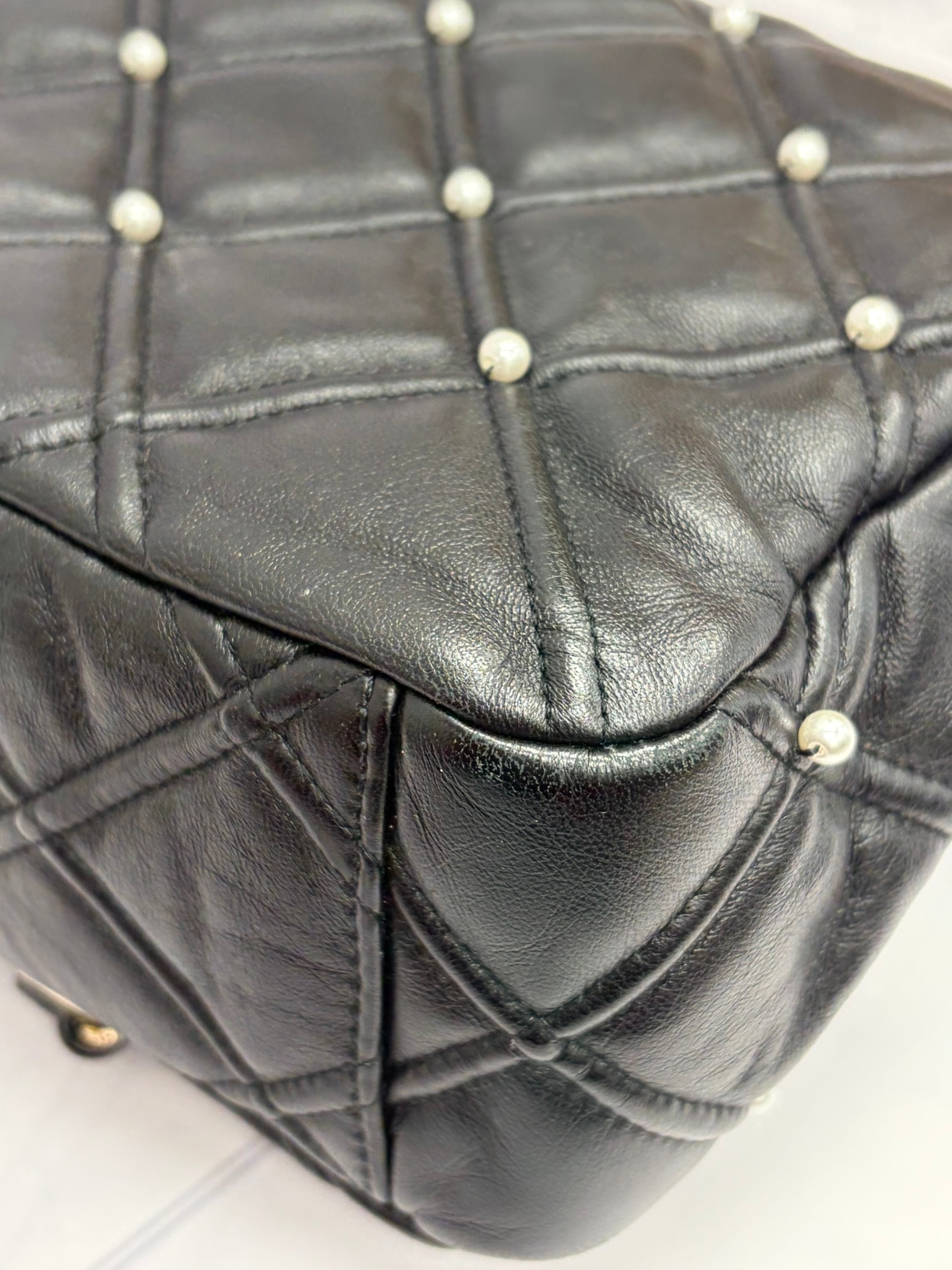 Chanel Black Quilted Lambskin Pearl Studded Flap Bag