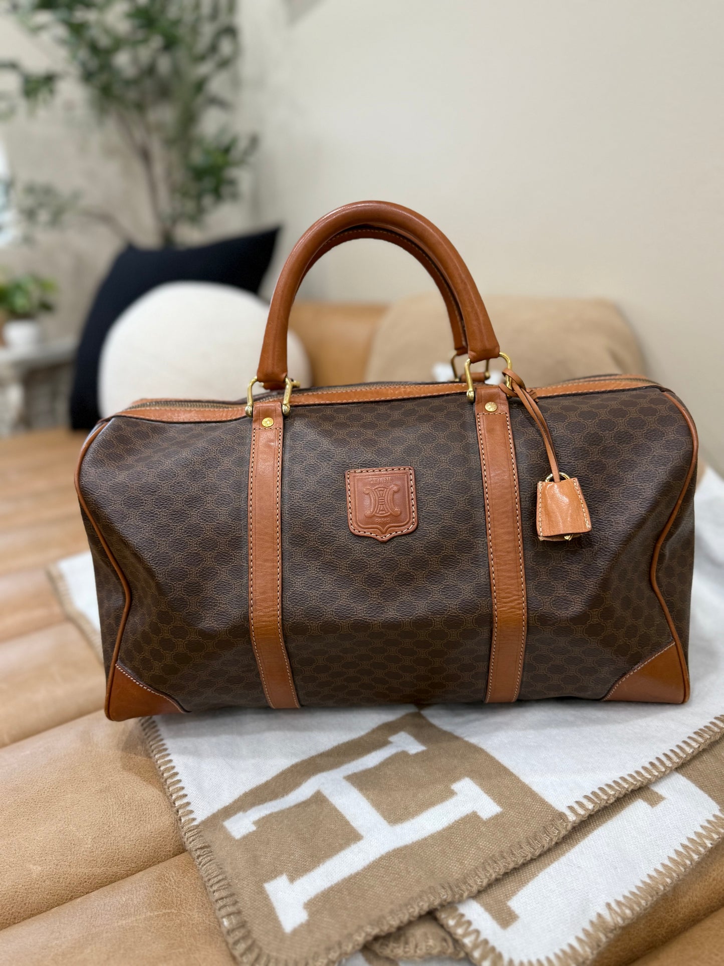 Celine Vintage Brown Coated Canvas Boston Bag