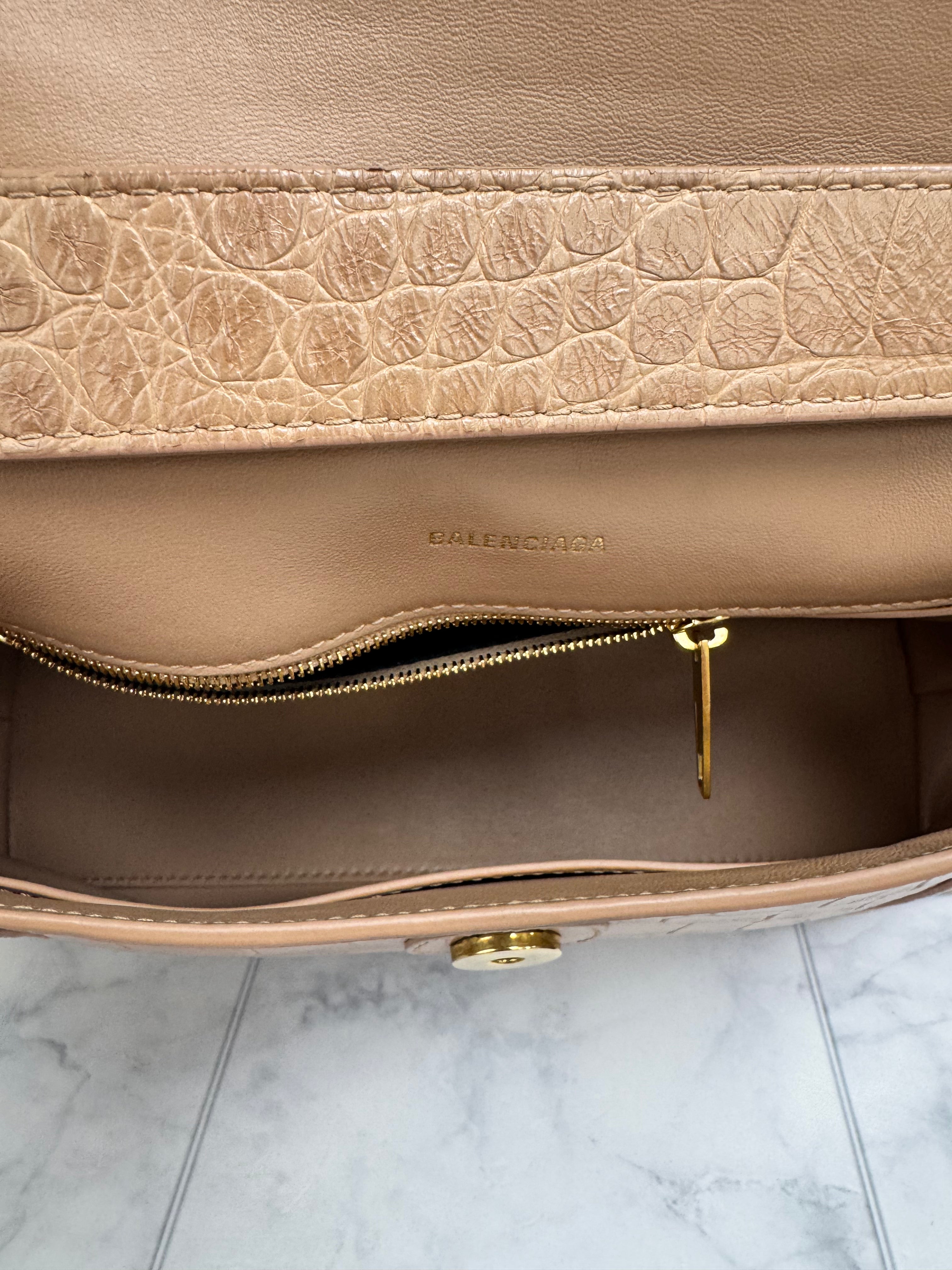 Balenciaga Beige Croc Embossed Downtown Shoulder Bag