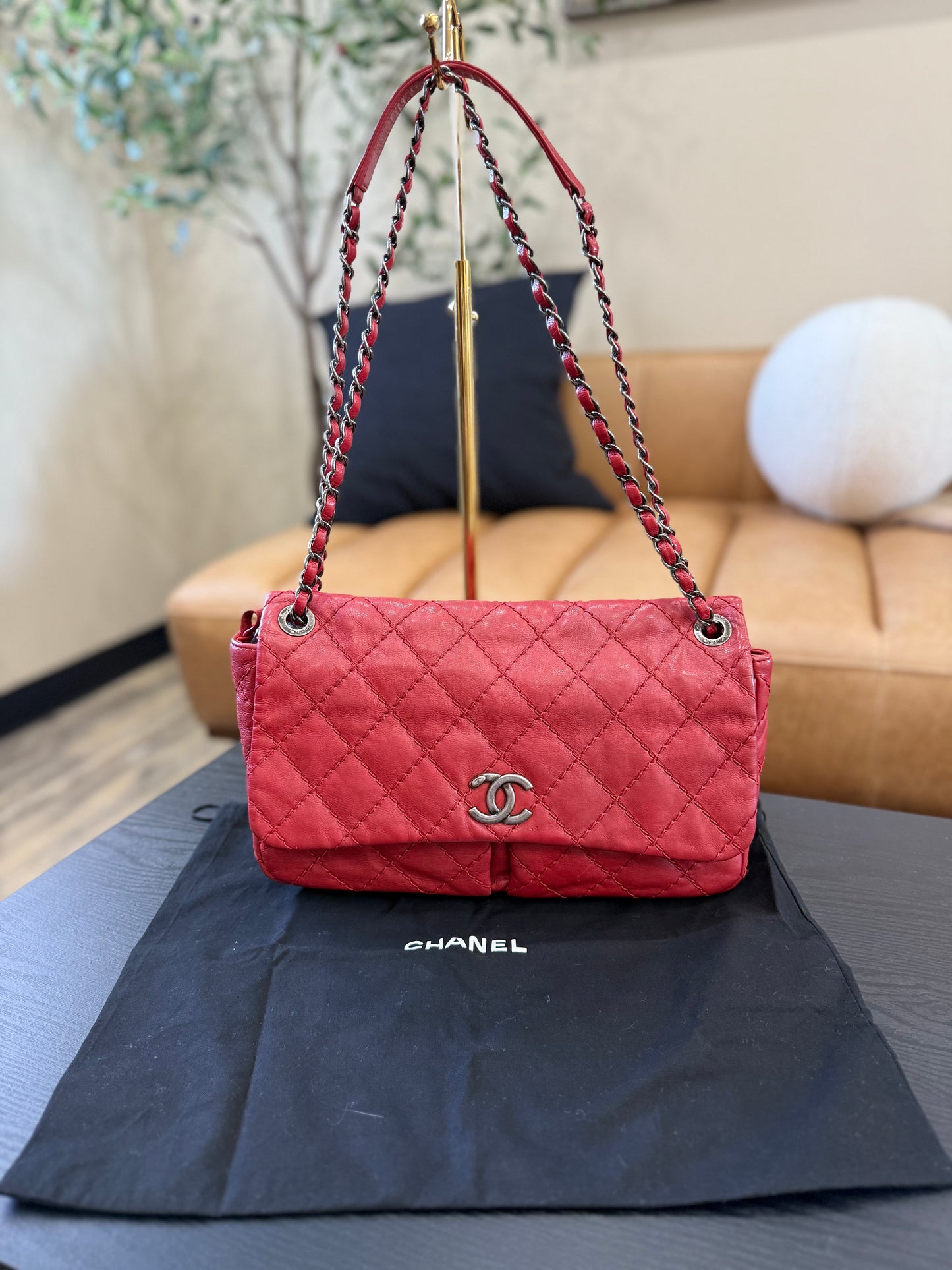 Chanel Red Double Pocket Stitch Chain Crossbody Bag