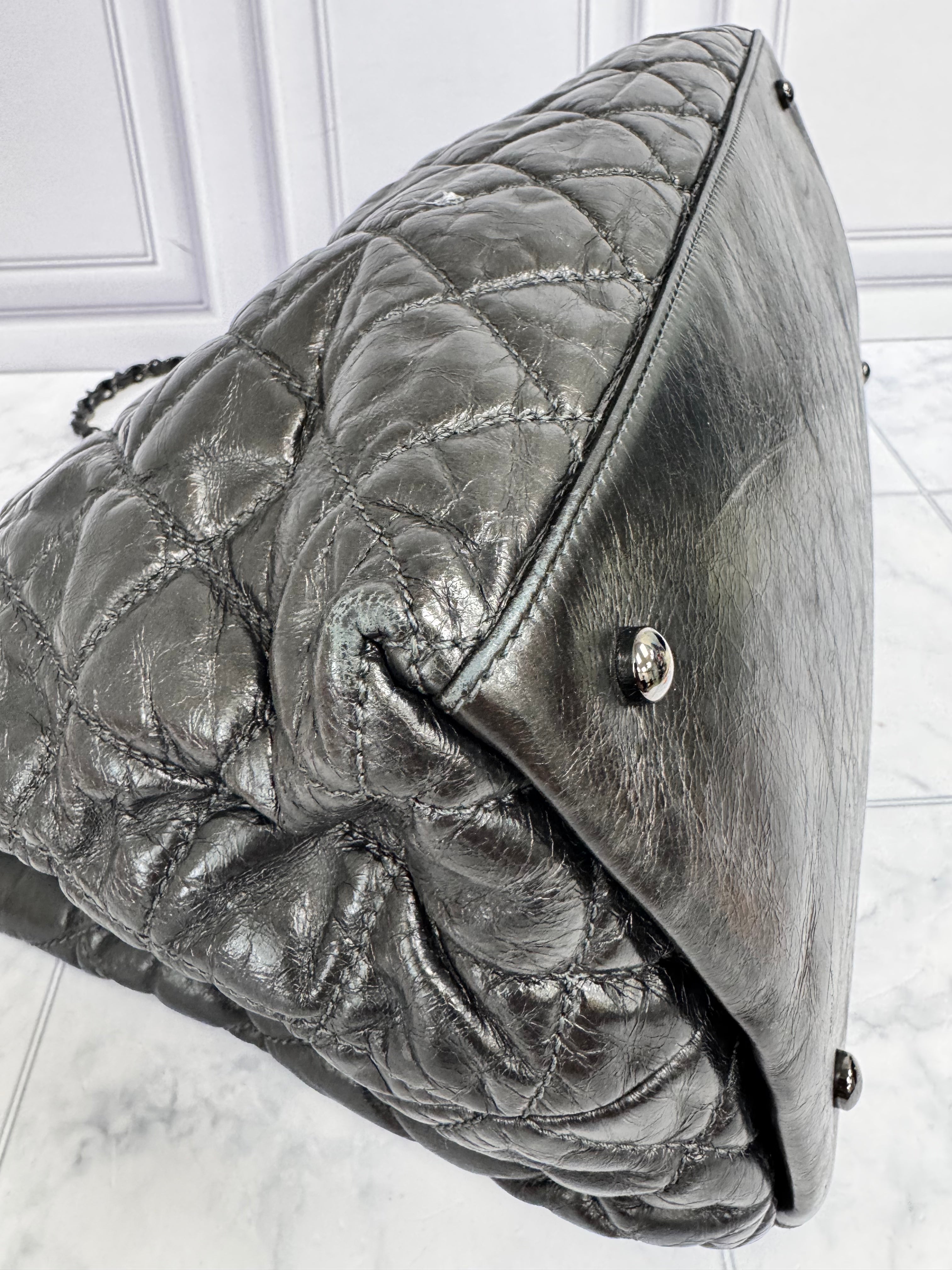 Chanel Metallic Gunmetal Diamond Quilted Leather Chain Me Small Tote Bag