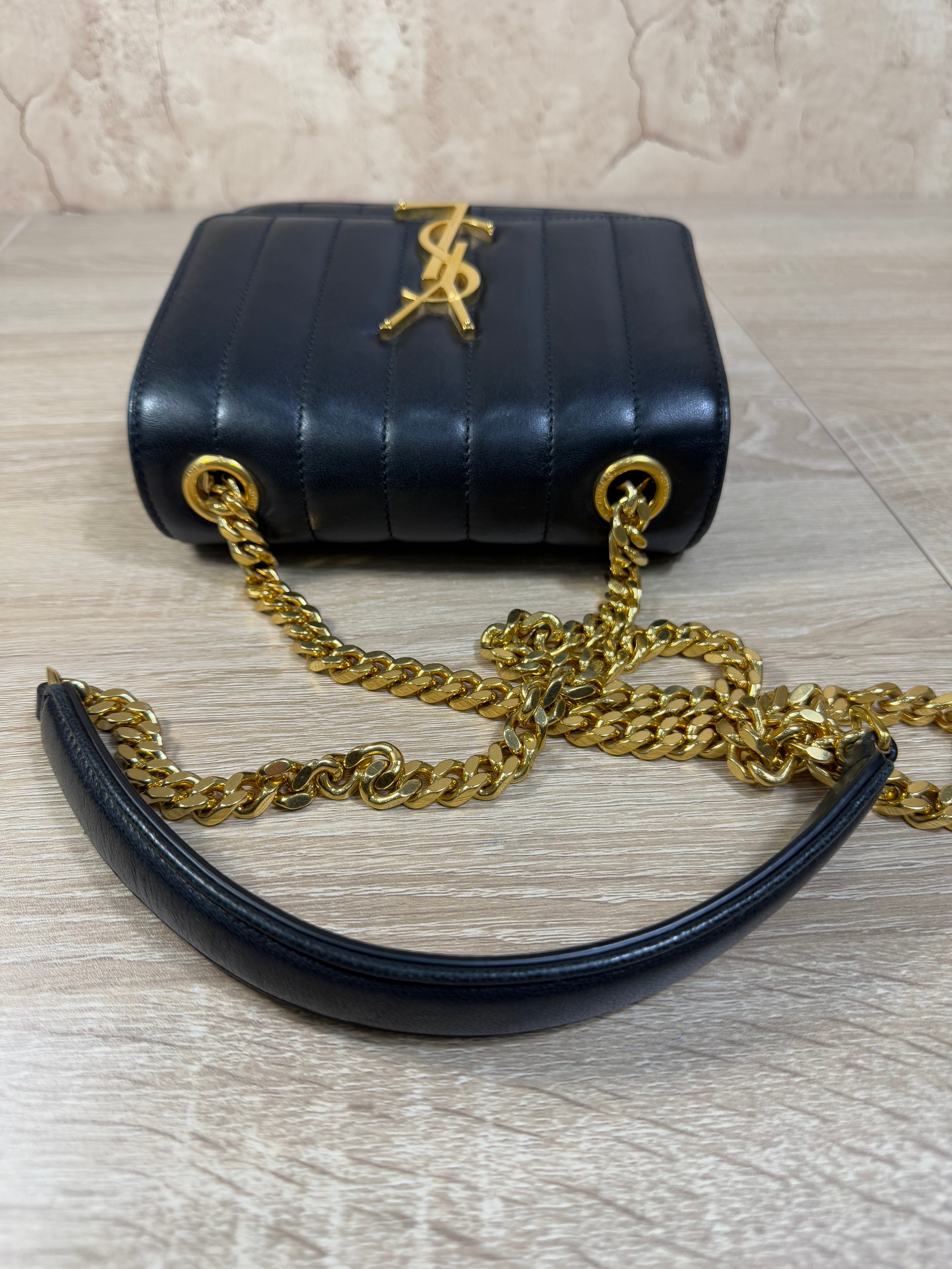 Saint Laurent YSL Black Vertical Quilted Leather Vicky Bag