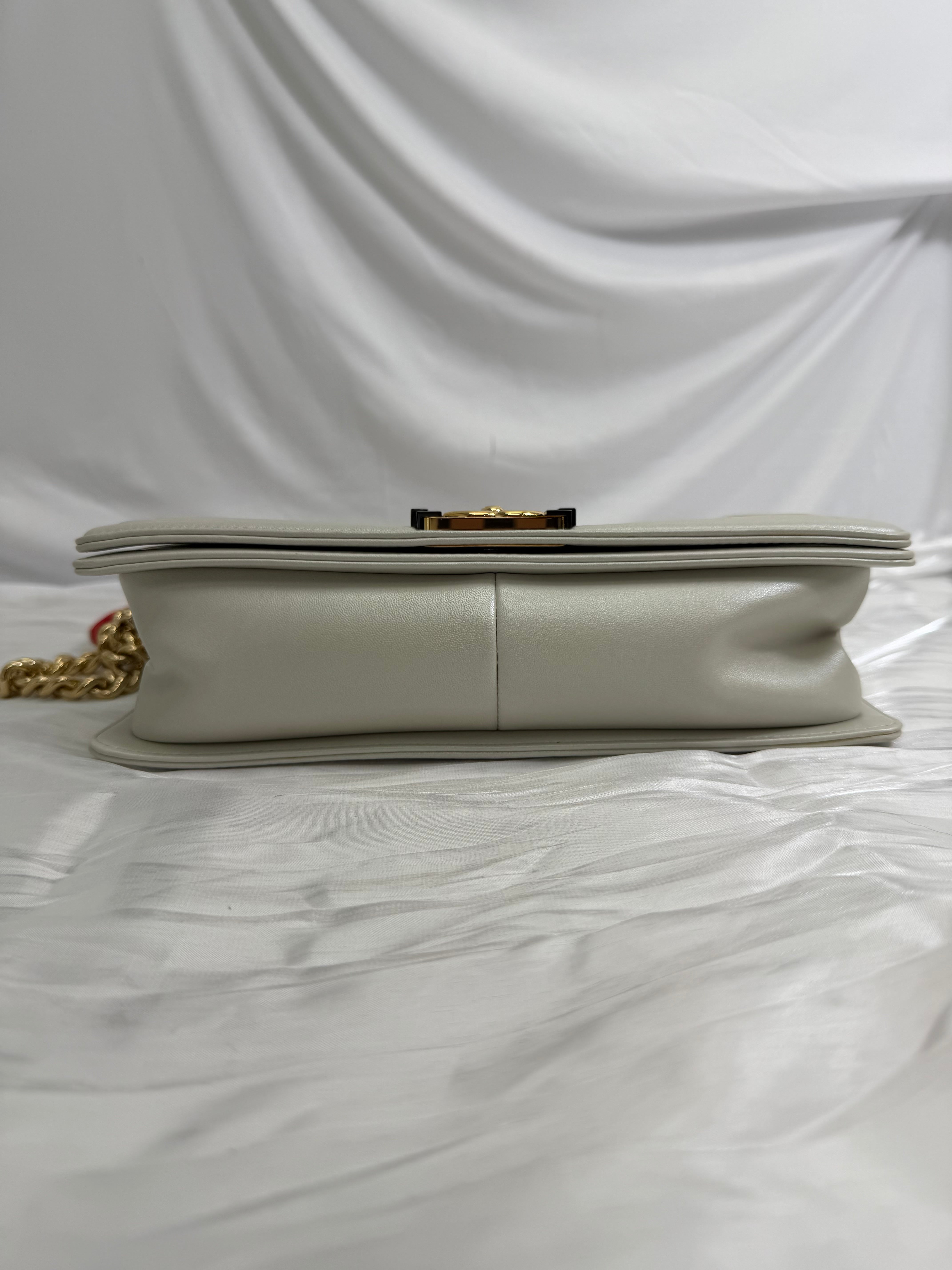 Chanel White Calfskin Cube Embossed Medium Boy Bag