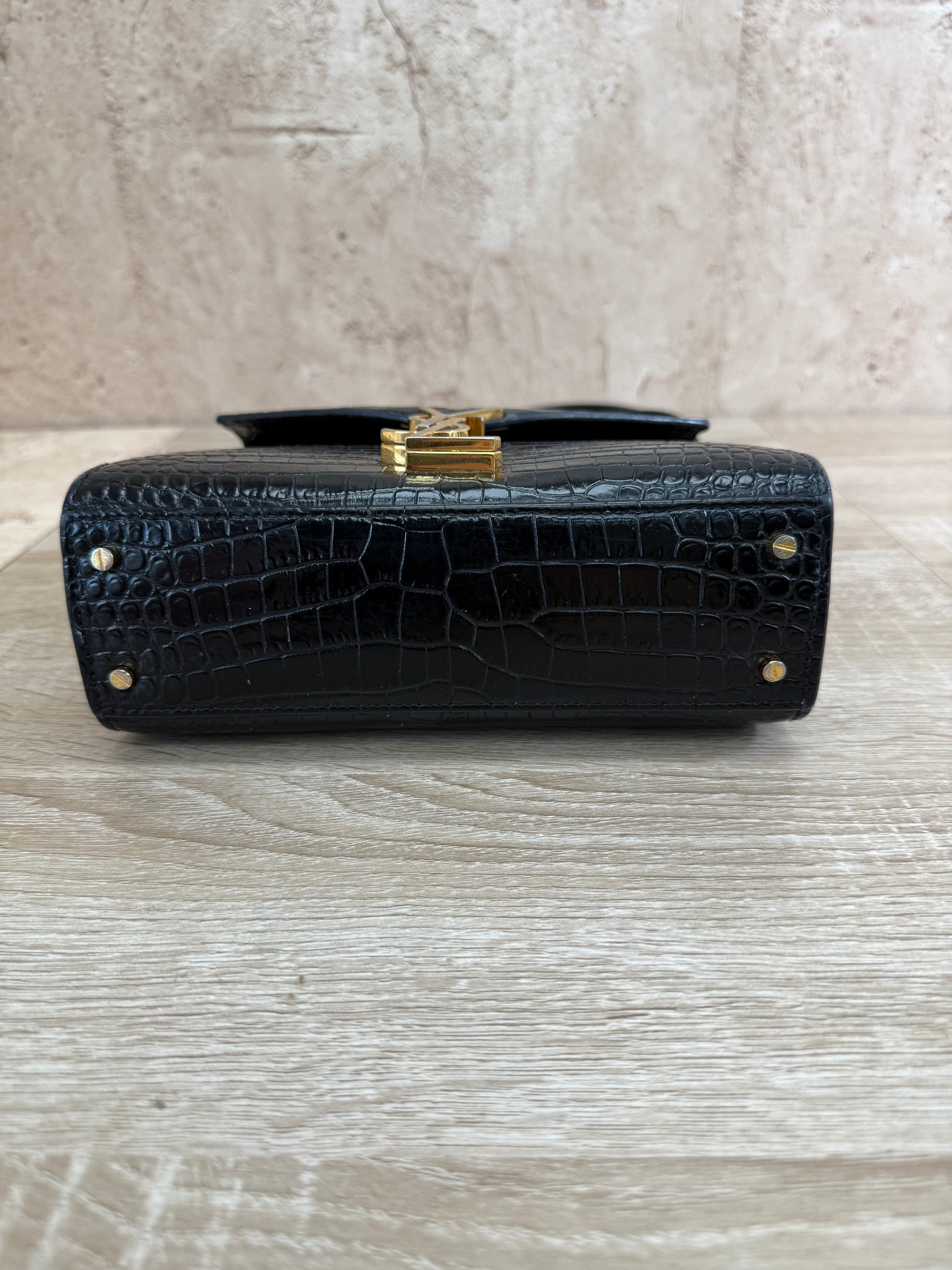 Saint Laurent YSL Black Crocodile Embossed Leather Cassandra Mini Top Handle Bag