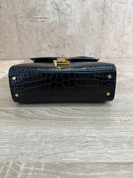 Saint Laurent YSL Black Crocodile Embossed Leather Cassandra Mini Top Handle Bag