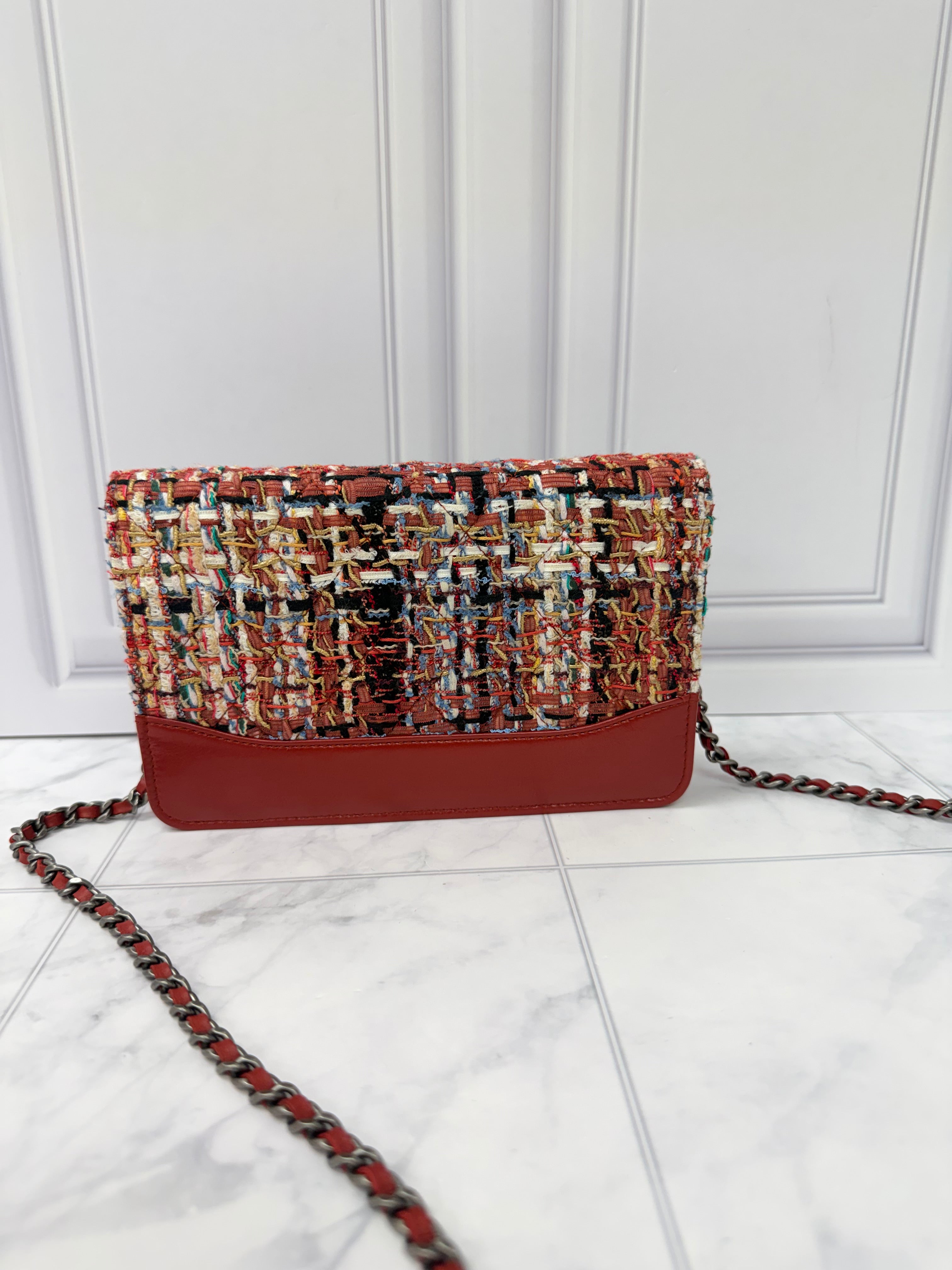 Chanel Brick Red Tweed And Leather Wallet On A Chain