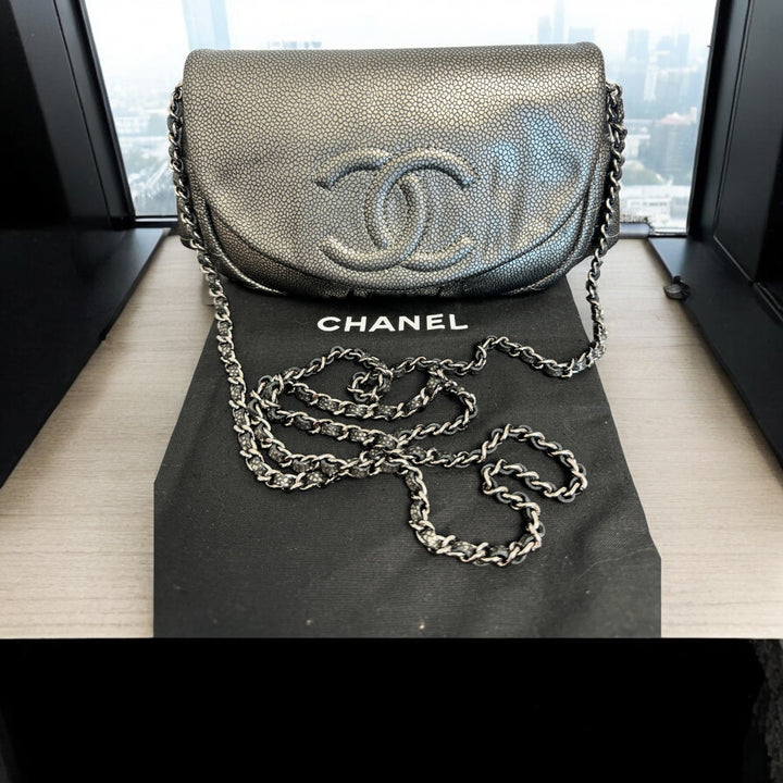 Chanel Silver Metallic Caviar Leather Half Moon Wallet On Chain