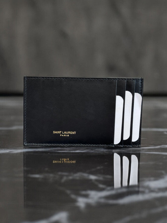BRAND NEW YSL Black & Gold Flat Leather Card Holder