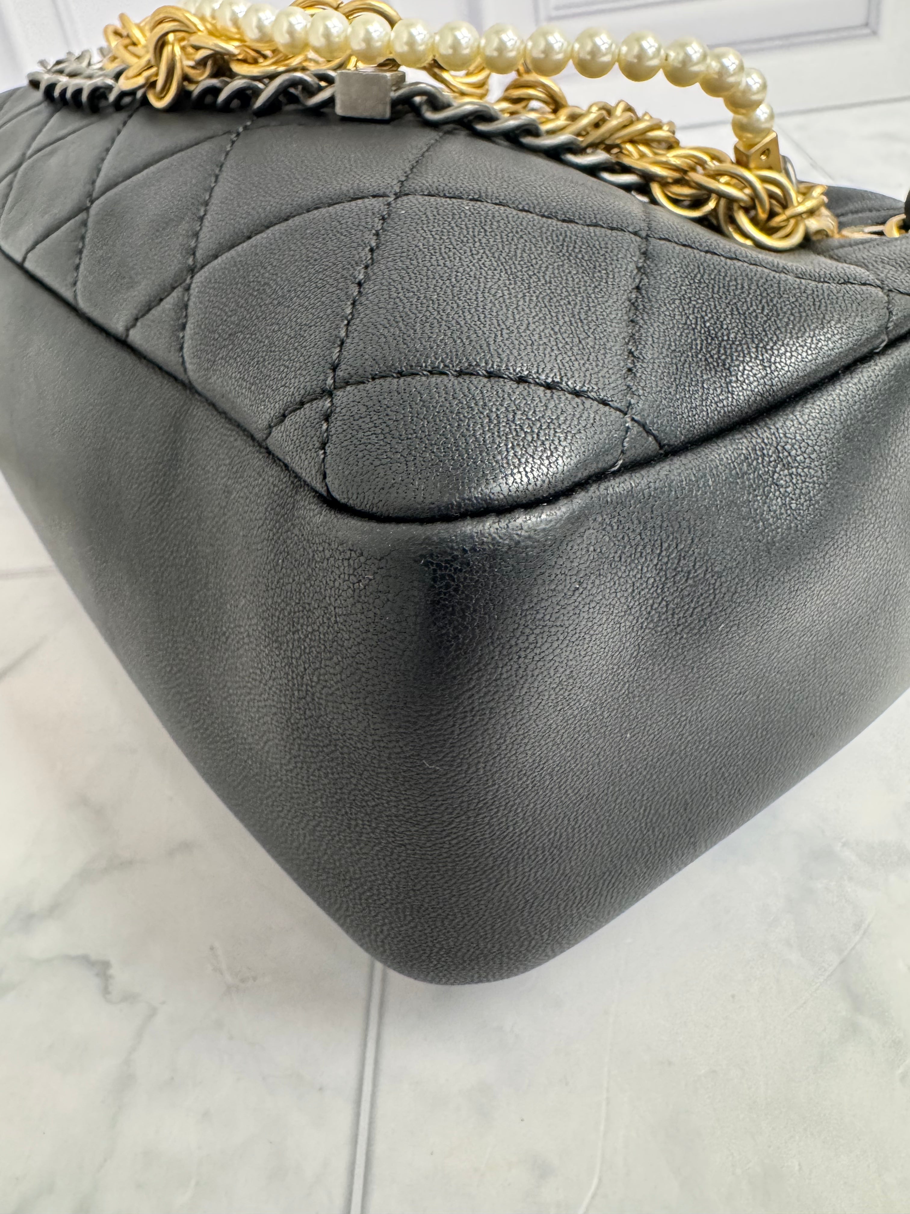 Chanel Black Diamond Quilted All About Chains Camera Bag