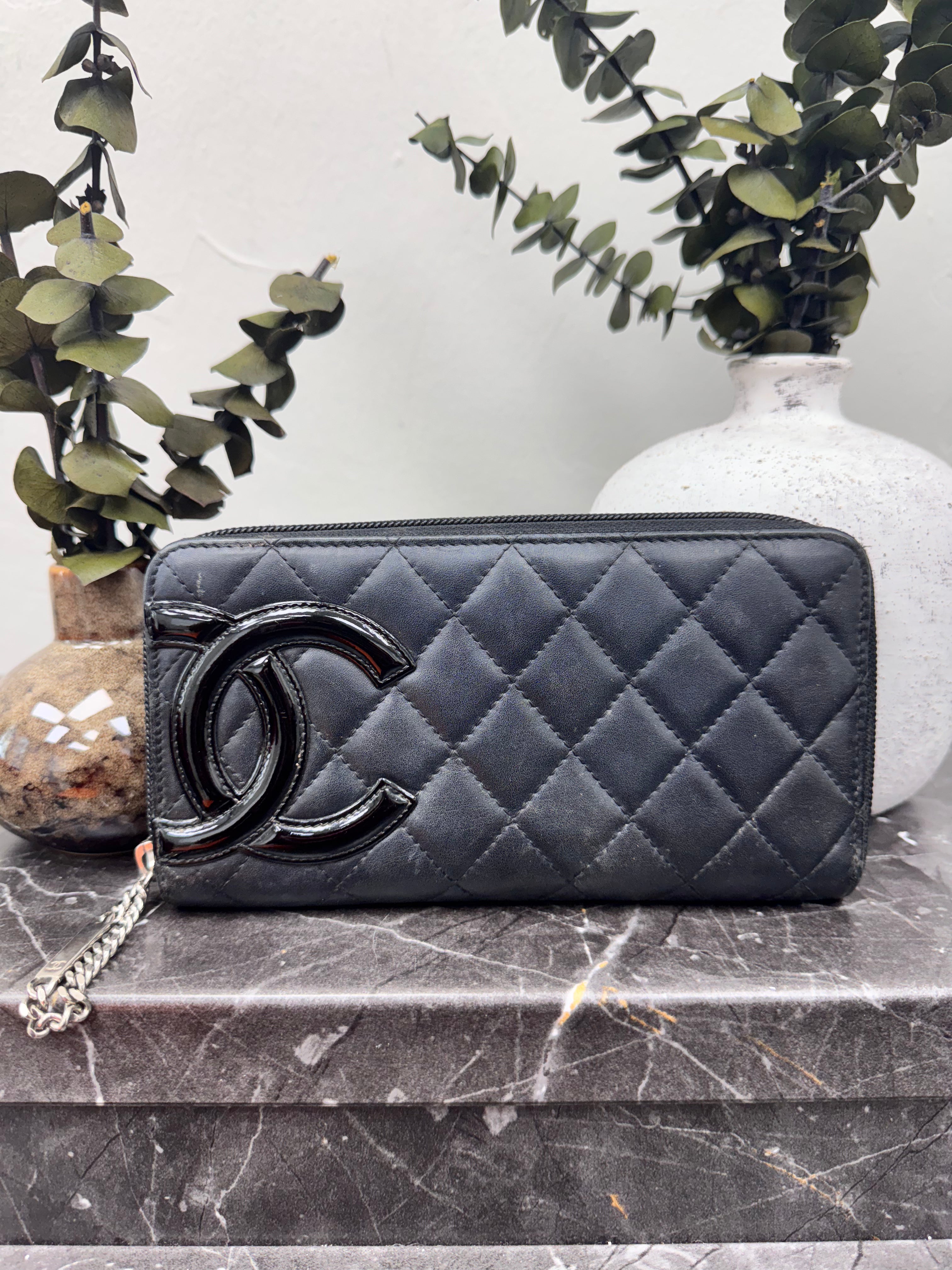 Chanel Black Diamond Quilted Cambon Line Zippy Wallet