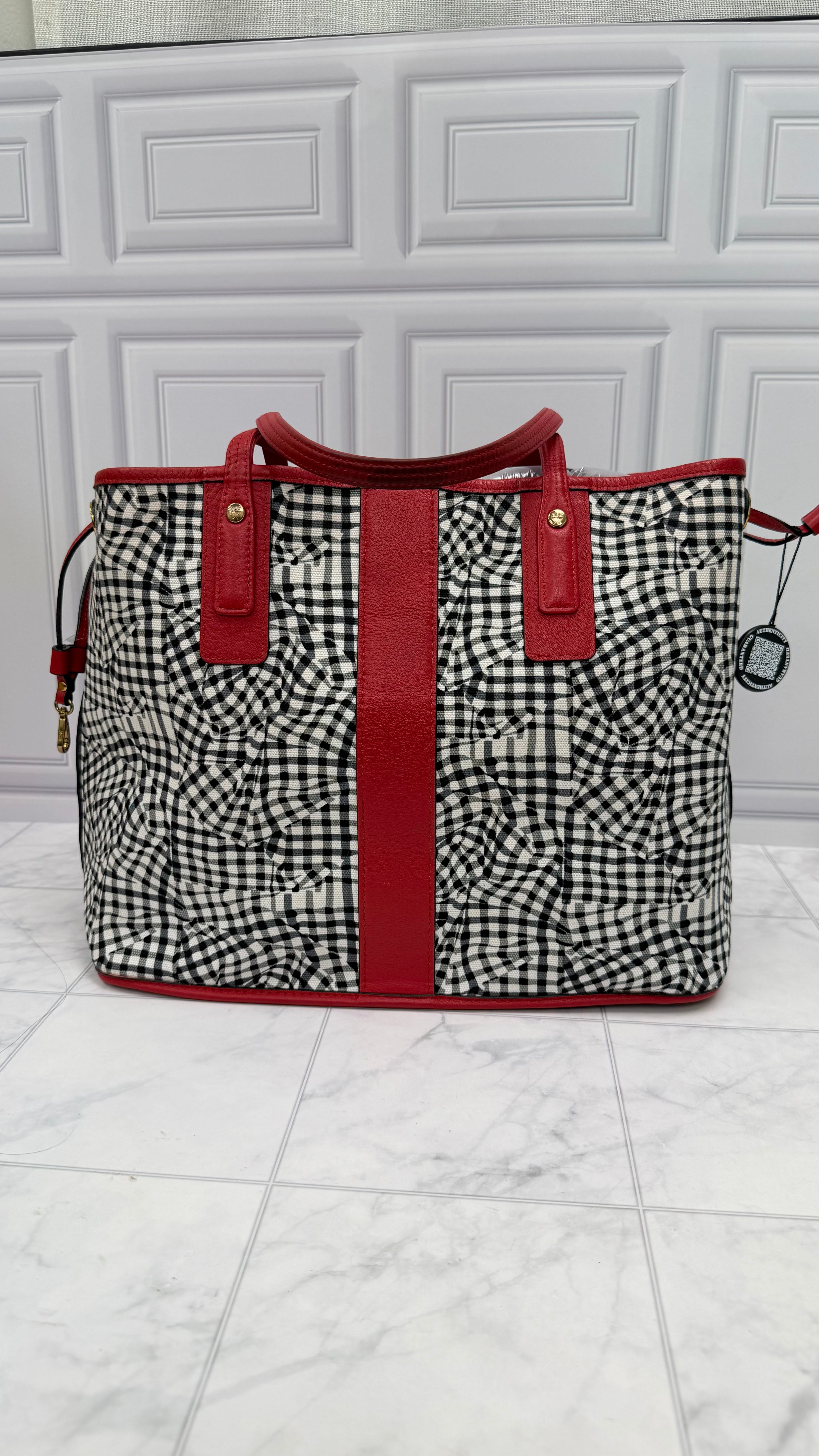 MCM White & Black Checkered Canvas & Red Visetos Leather Reversible Tote