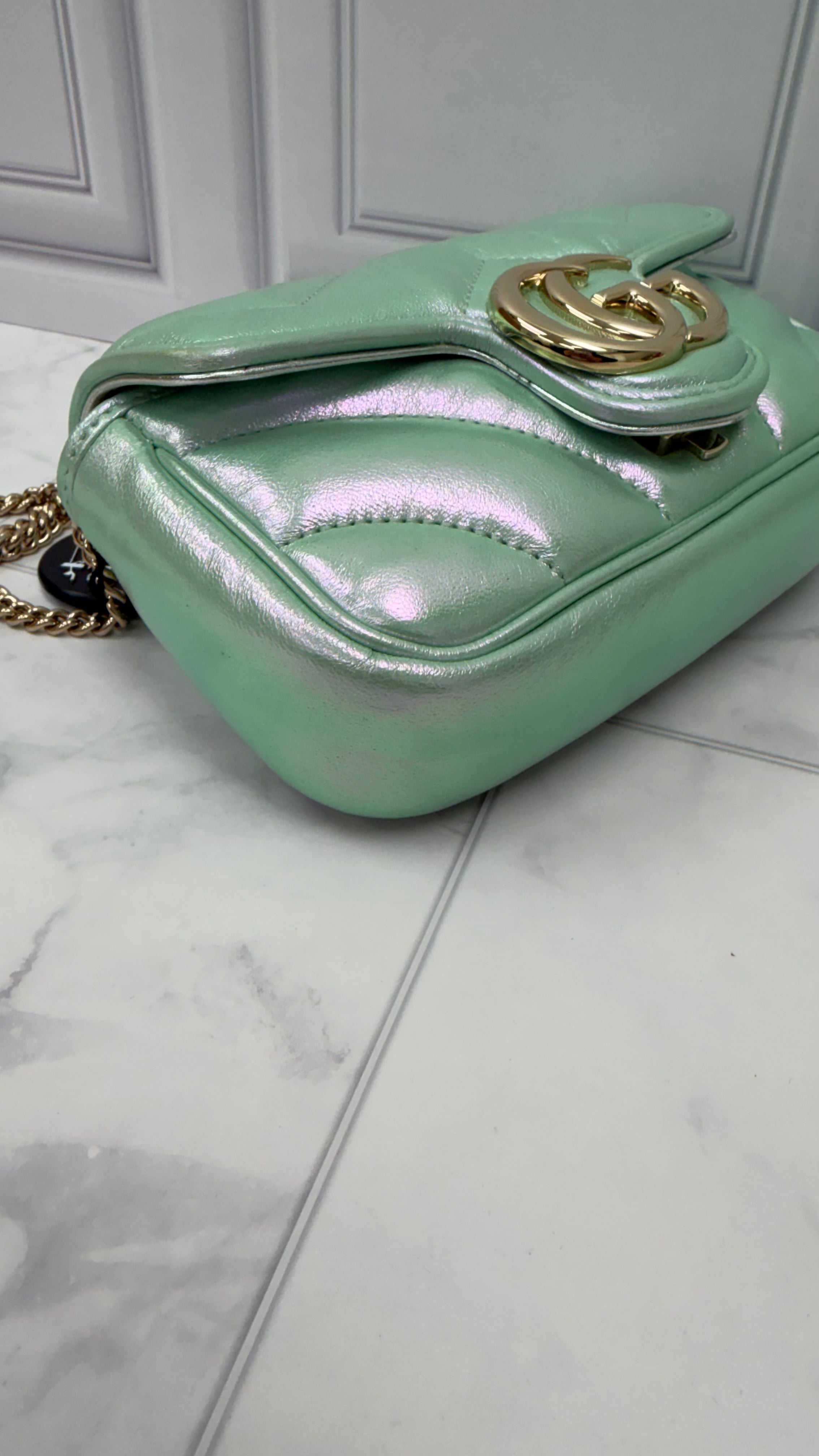 *DONS DROP* Gucci Iridescent Green Nappa Leather Super Mini Marmont Flap Bag