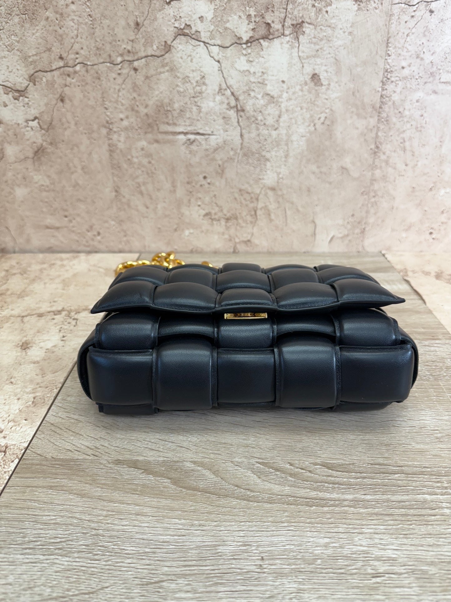 Bottega Veneta Black Leather Padded Bag with Gold Chain