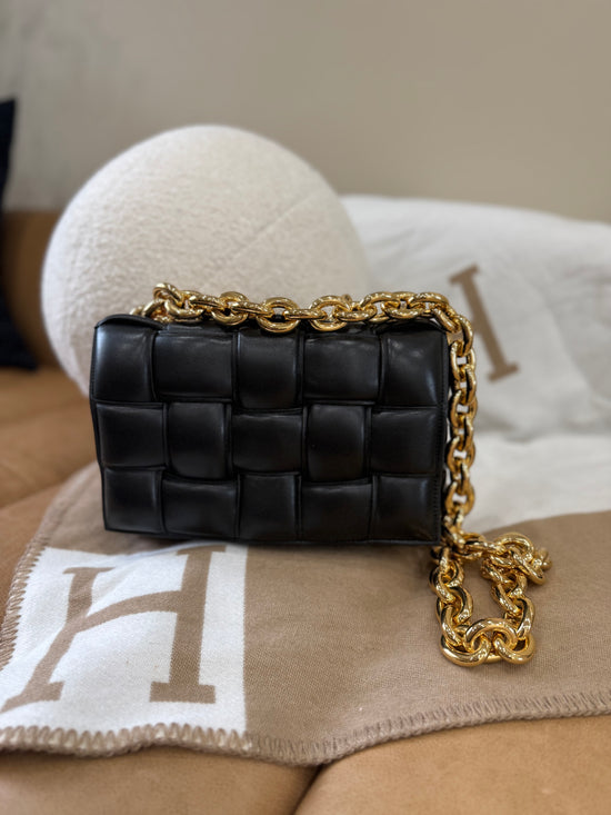 Bottega Veneta Black Leather Padded Bag with Gold Chain