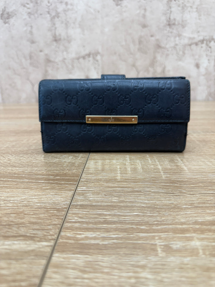 Gucci Black Leather Guccissima Bar Long Wallet