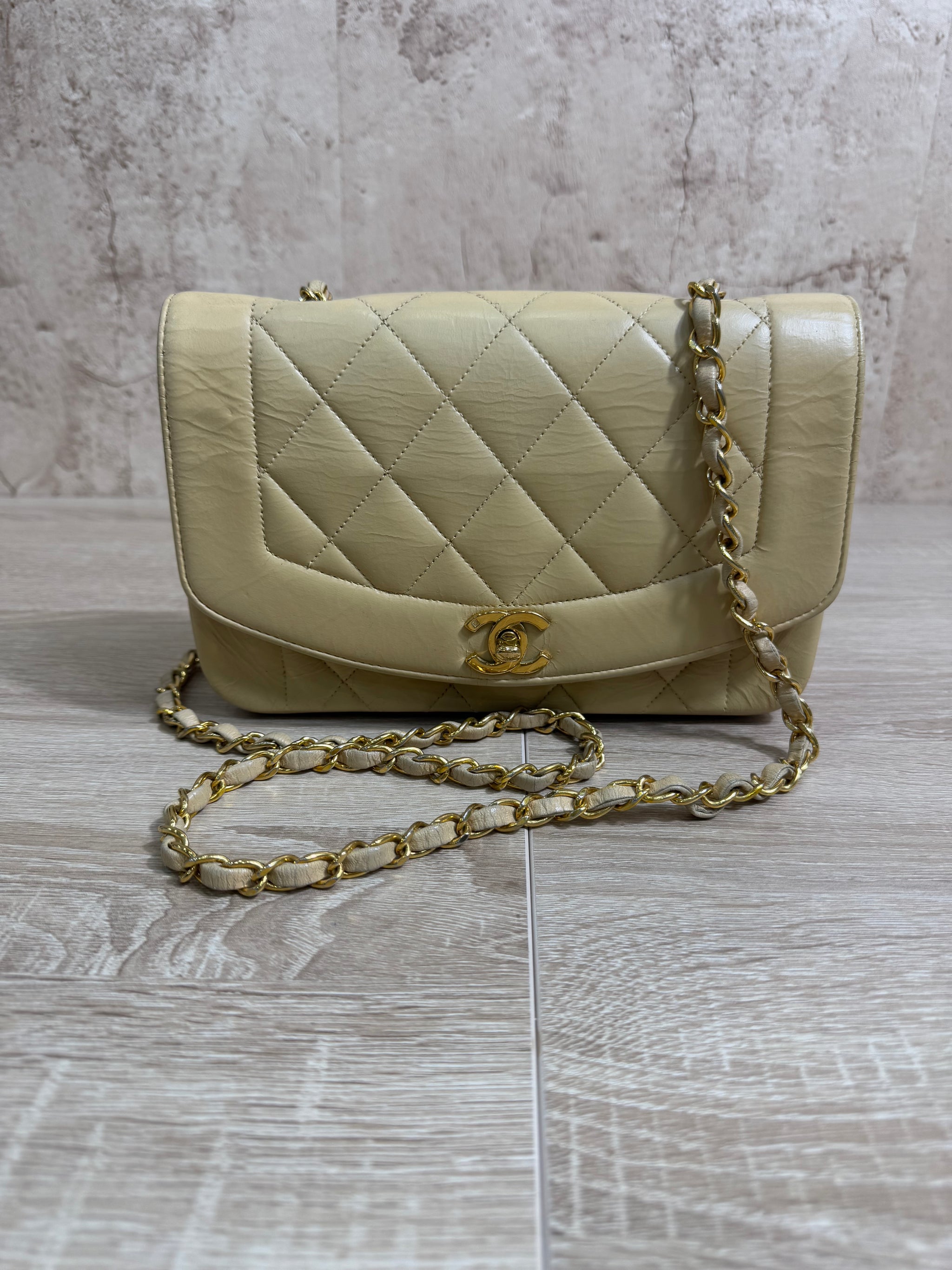 Chanel Vintage Quilted Beige Lambskin Diana Flap Bag