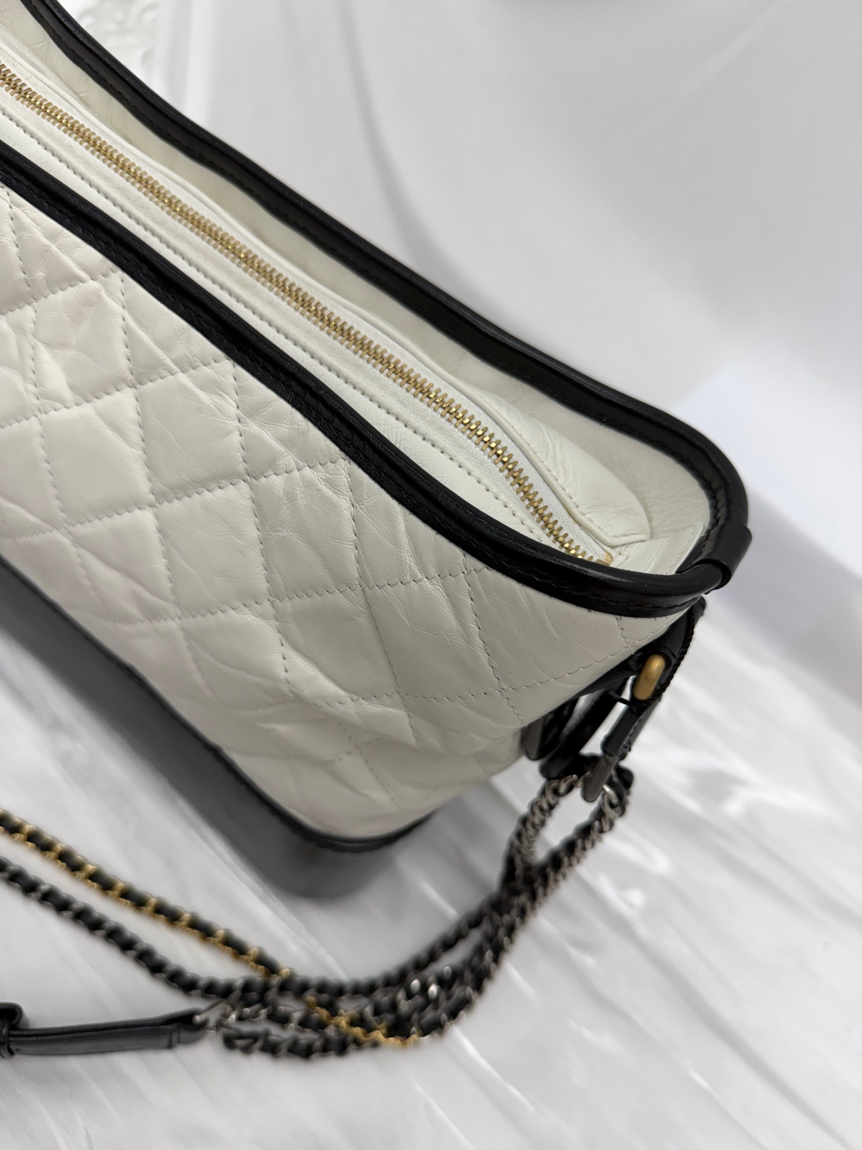 Chanel White & Black Aged Quilted Calfskin Medium Gabrielle Hobo Bag
