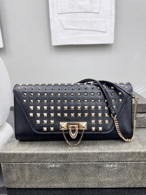 Valentino Black Leather Rockstud All Over Demilune Chain Shoulder Bag