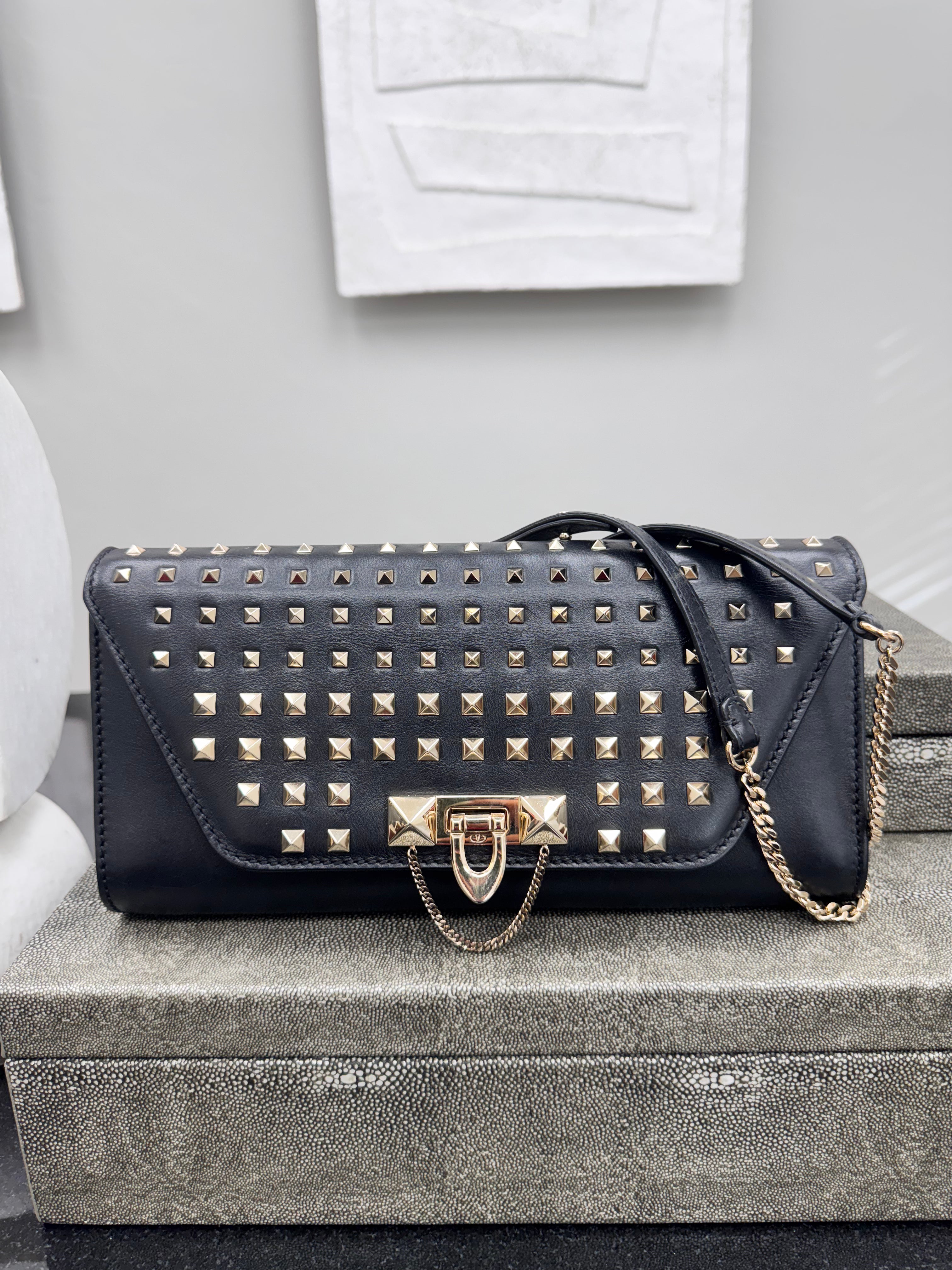 Valentino Black Leather Rockstud All Over Demilune Chain Shoulder Bag
