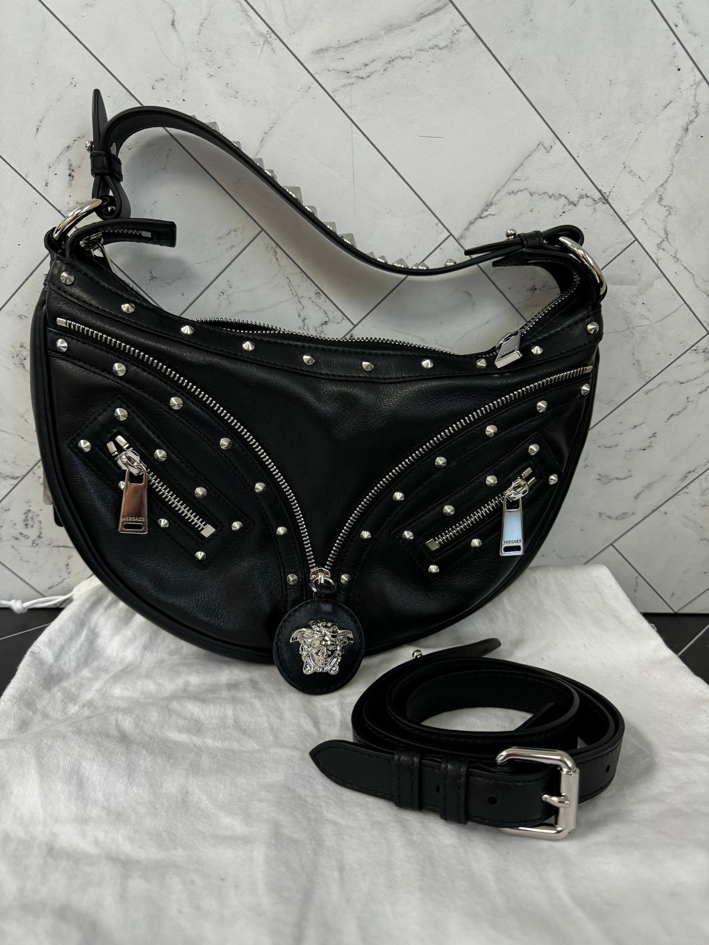 Brand New Versace Black Studded Hobo Bag